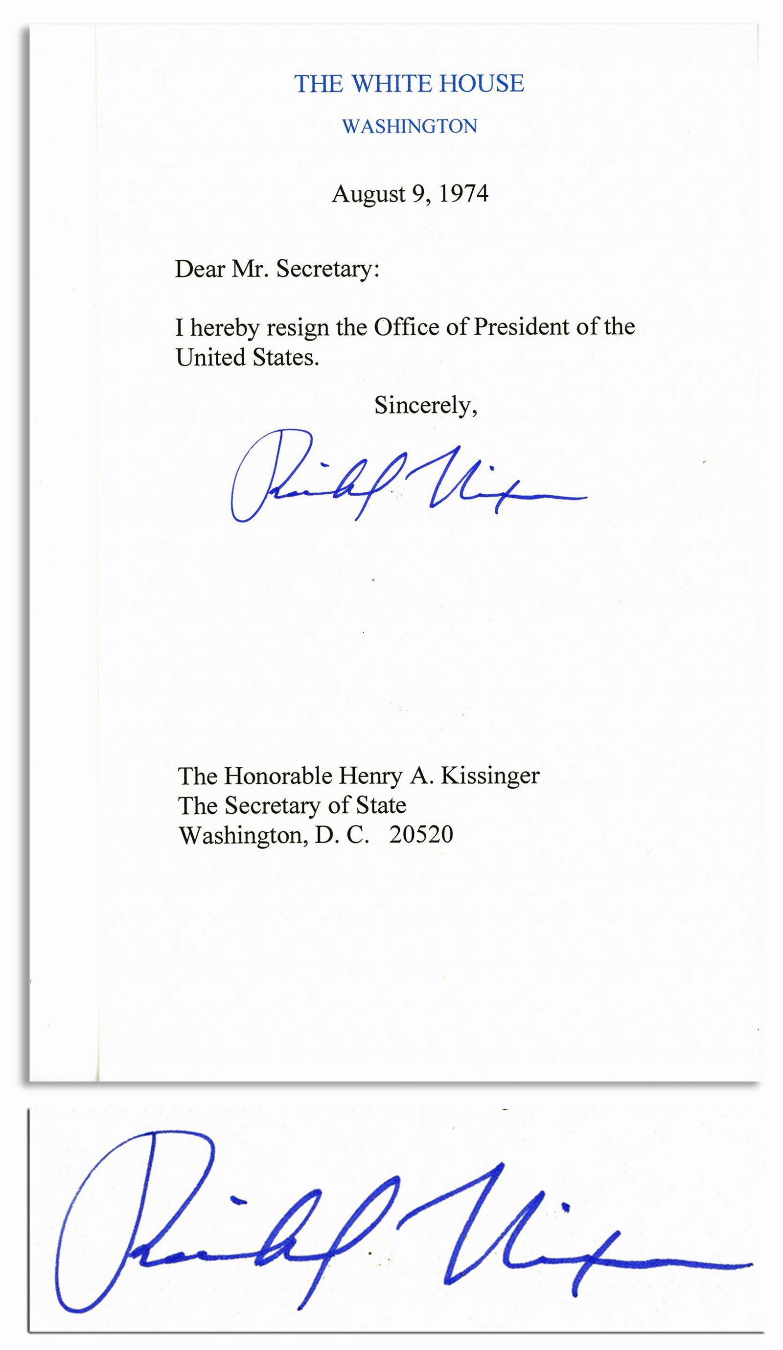 Richard Nixon Signed Souvenir Presidential Resignation (1 of 2)