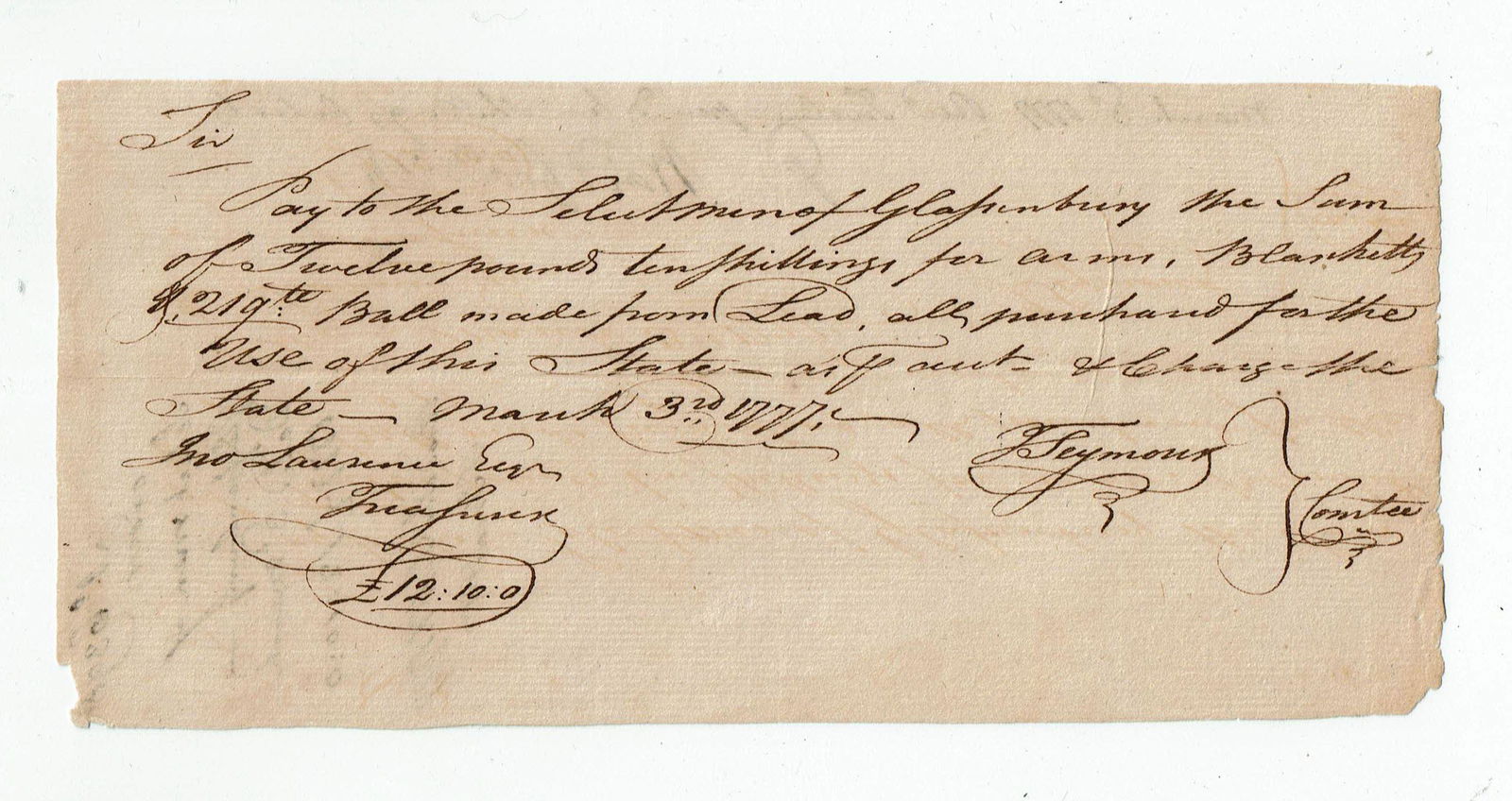 Rev. War 1777 Pay Order for Arms, Blankets, and Balls (1 of 2)