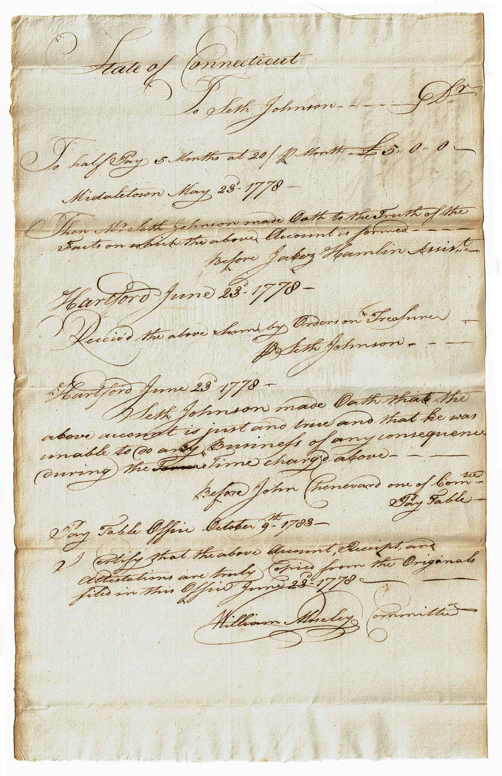 1778 Revolutionary War Document 1/2 Pay for Wounded (1 of 2)