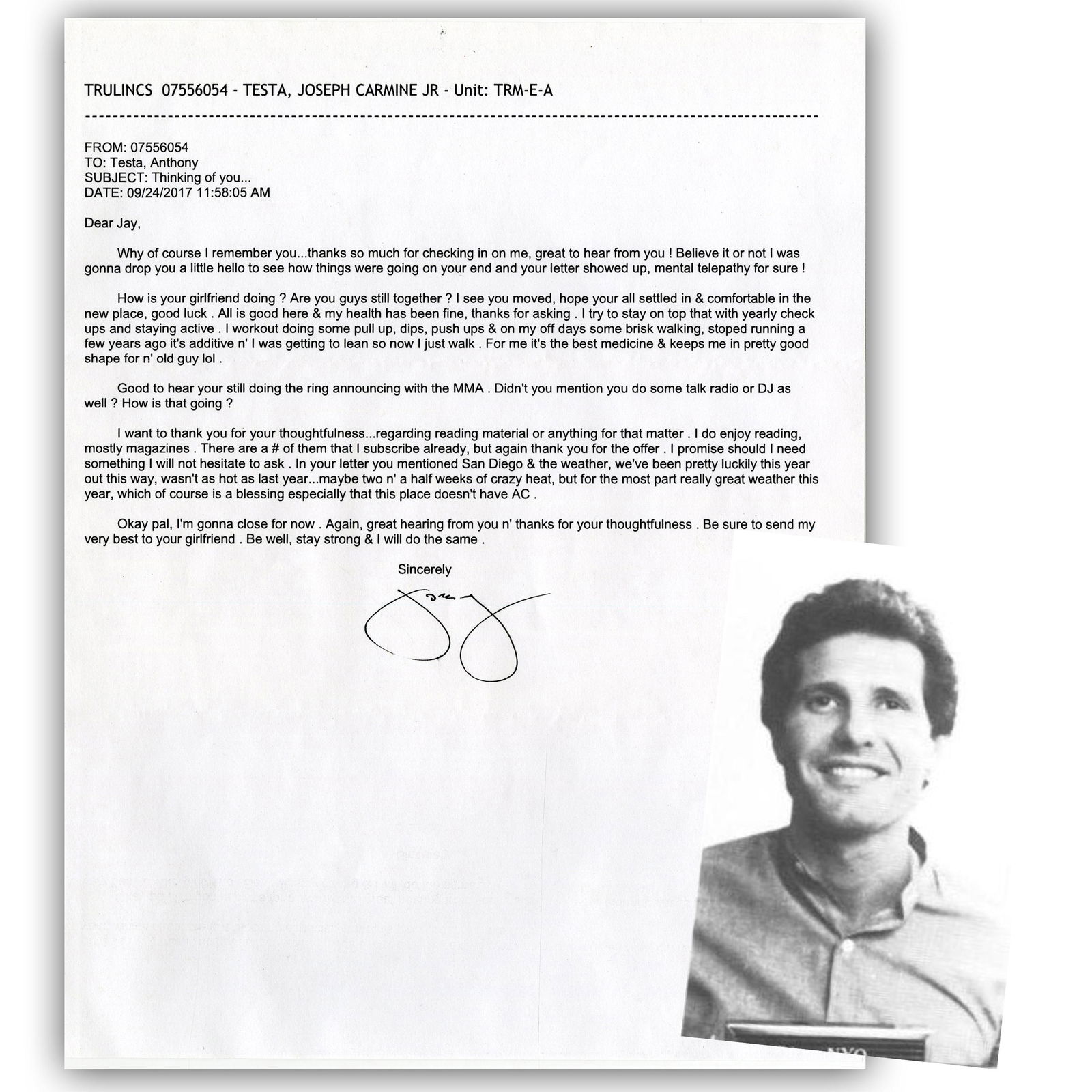 Mob Hitman Joseph Carmine Testa Typed Letter Signed (1 of 3)