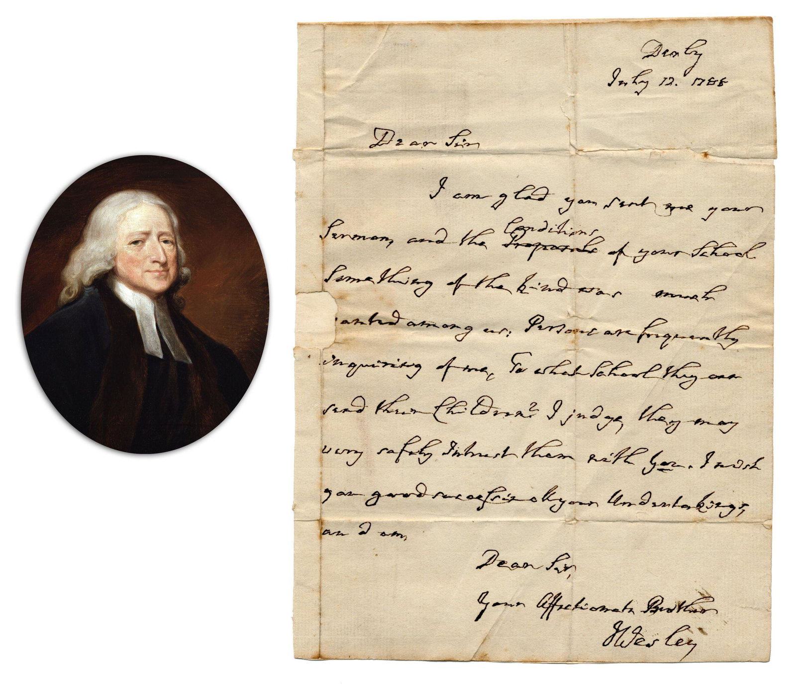 John Wesley ALS to Fellow Methodist Regarding: John Wesley ALS to Fellow Methodist Regarding Children's School A 1p autograph letter signed by prominent British Methodist preacher John Wesley (1703-1791) as "J Wesley" at lower right. Written at De