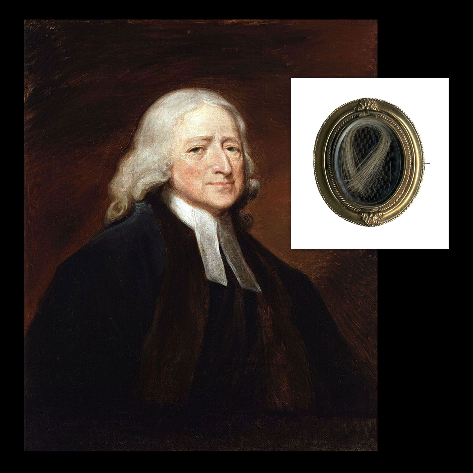Methodist Preacher John Wesley Hair Relic,: Methodist Preacher John Wesley Hair Relic, Approximately 50 Strands A lock of hair belonging to Methodist preacher John Wesley (1703-1791), displayed under glass within a double-sided gimbal swiveling