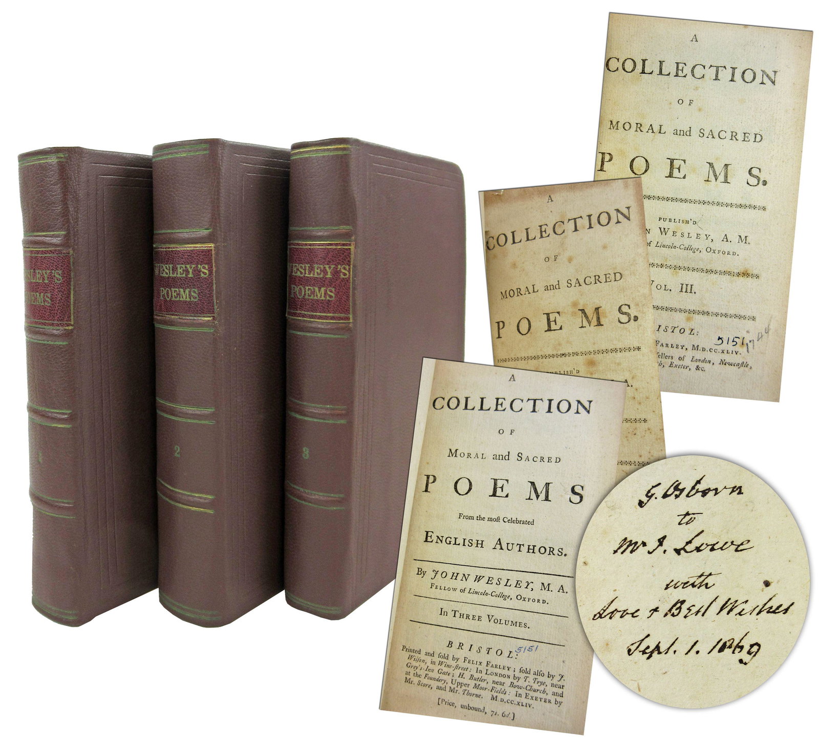 John Wesley, 1st Edition Presentation Copy of "A: John Wesley, 1st Edition Presentation Copy of "A Collection of Moral and Sacred Poems" Signed & Dedicated by 2x Elected Methodist Conference President George Osborn A first edition 3-volume set of