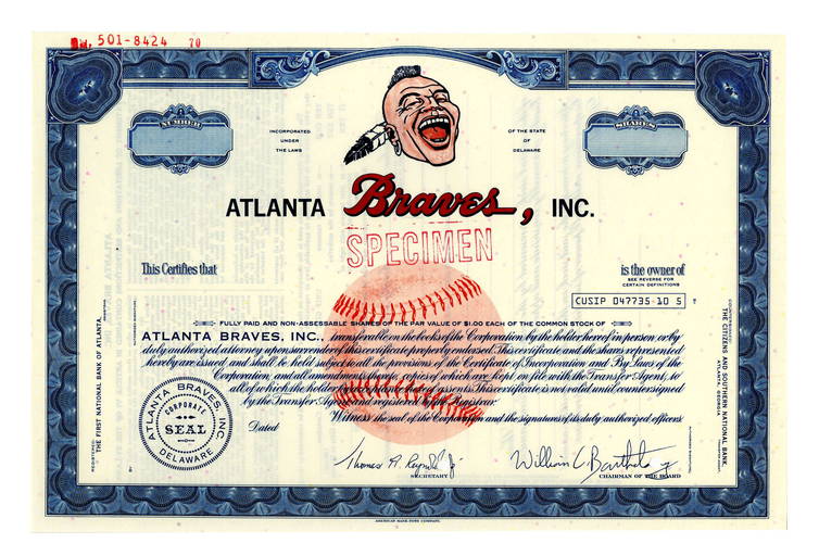 Atlanta Braves Stock Certificate Unissued Mint Atlanta Braves Stock Certificate Unissued Mint