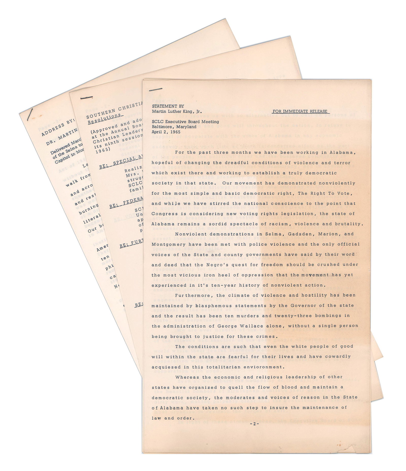 Martin Luther King Jr. & SCLC Three Typed Statements (1 of 10)