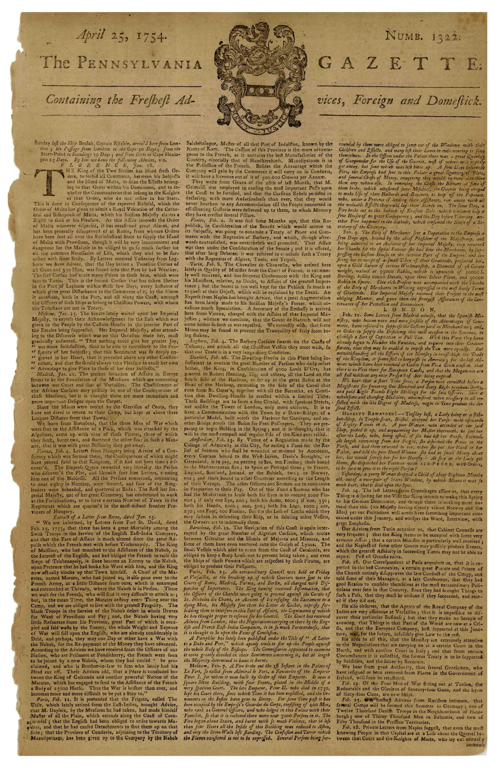 Original Colonial-era Copy of "The Pennsylvania (1 of 2)
