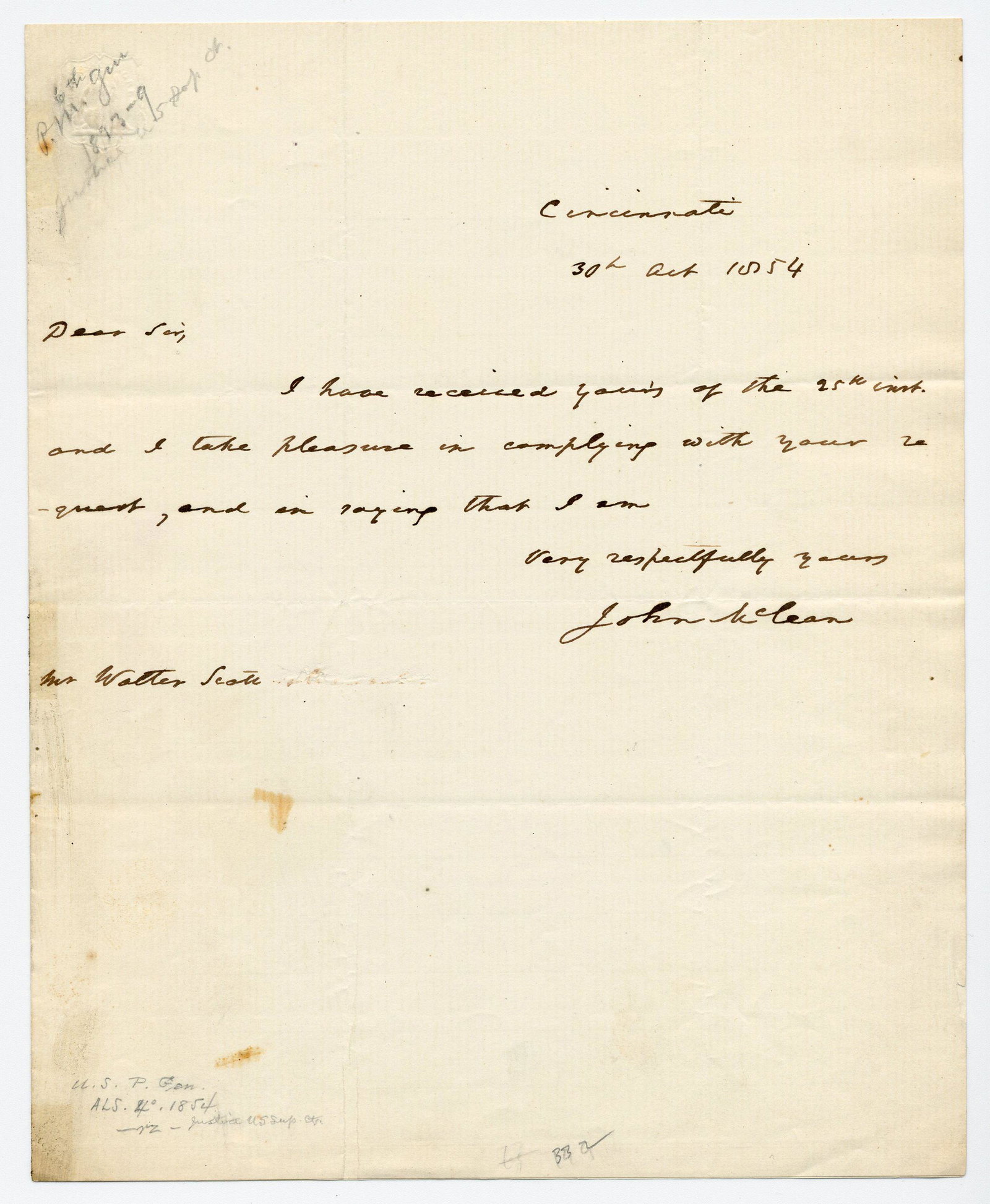 John McLean ALS: He Was U.S. Postmaster General & Later: John McLean ALS: He Was U.S. Postmaster General & Later Supreme Court Associate Justice A 1p autograph letter signed by John McLean (1785-1861) as "John McLean" near center right. Written in Cinci