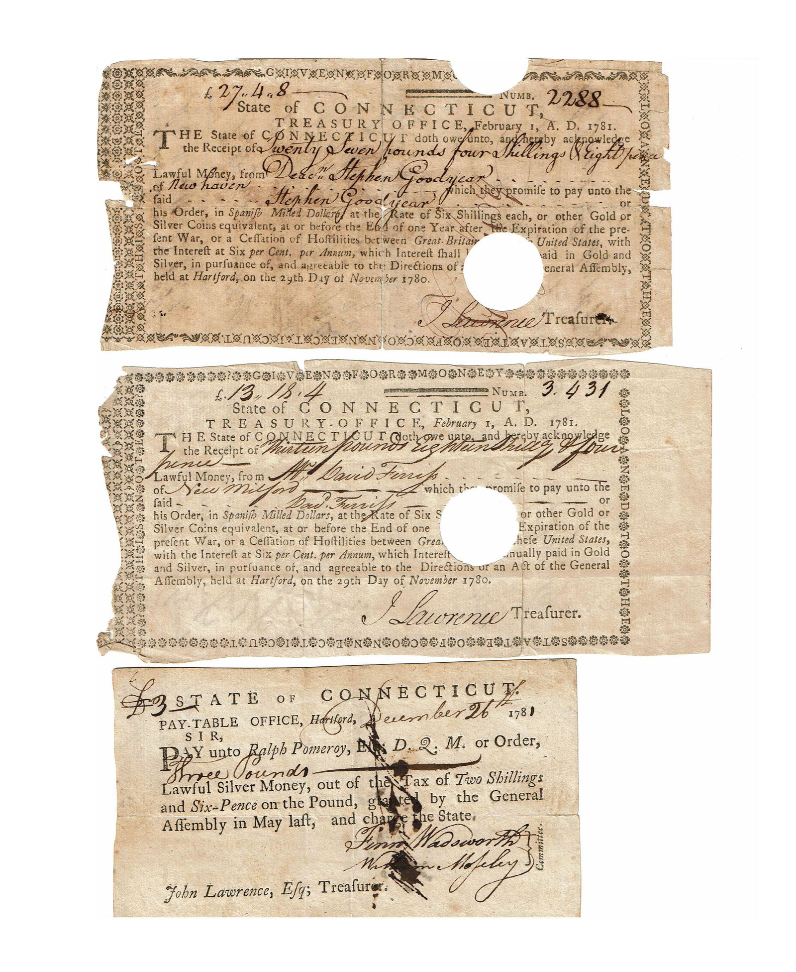 Revolutionary War Lot of 3 Connecticut Pay Orders 1781 (1 of 2)