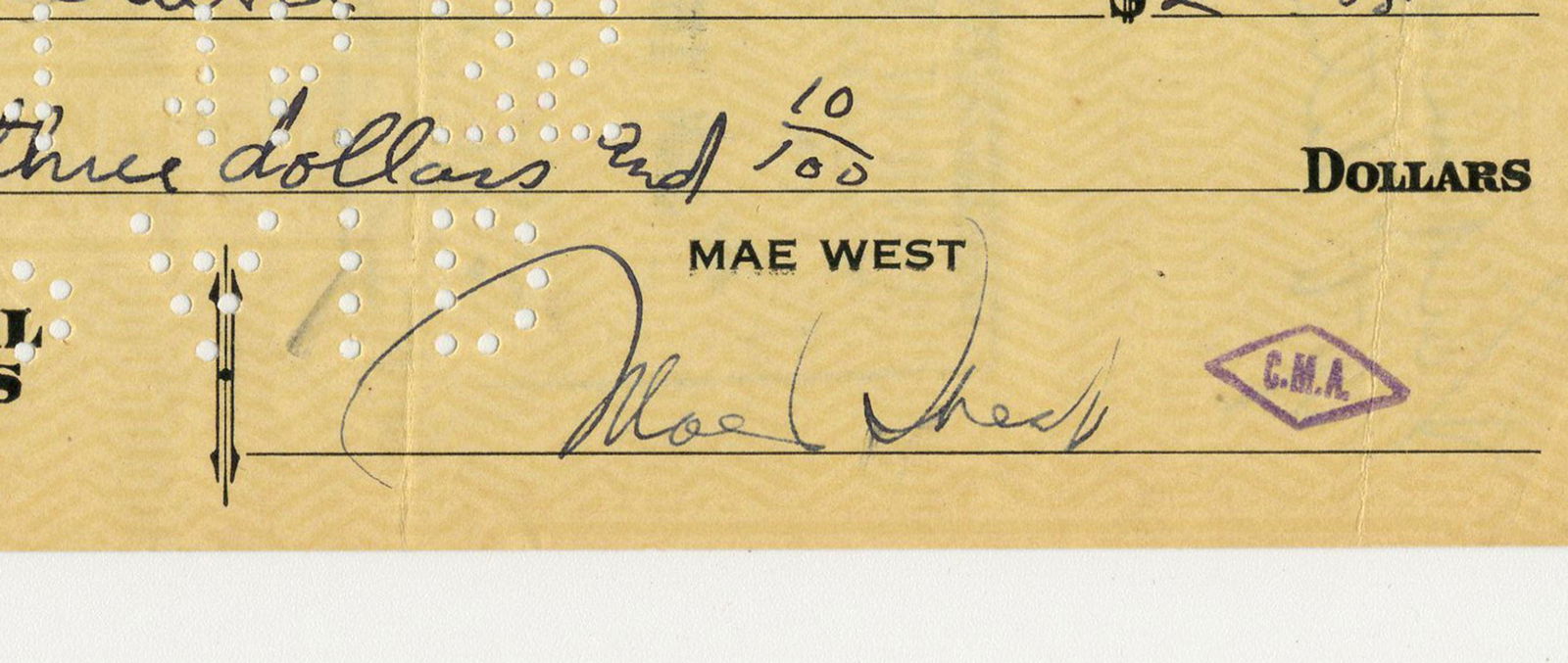 Mae West Signed 1935 Check for "Cocktail Fruit Trays"! (1 of 1)