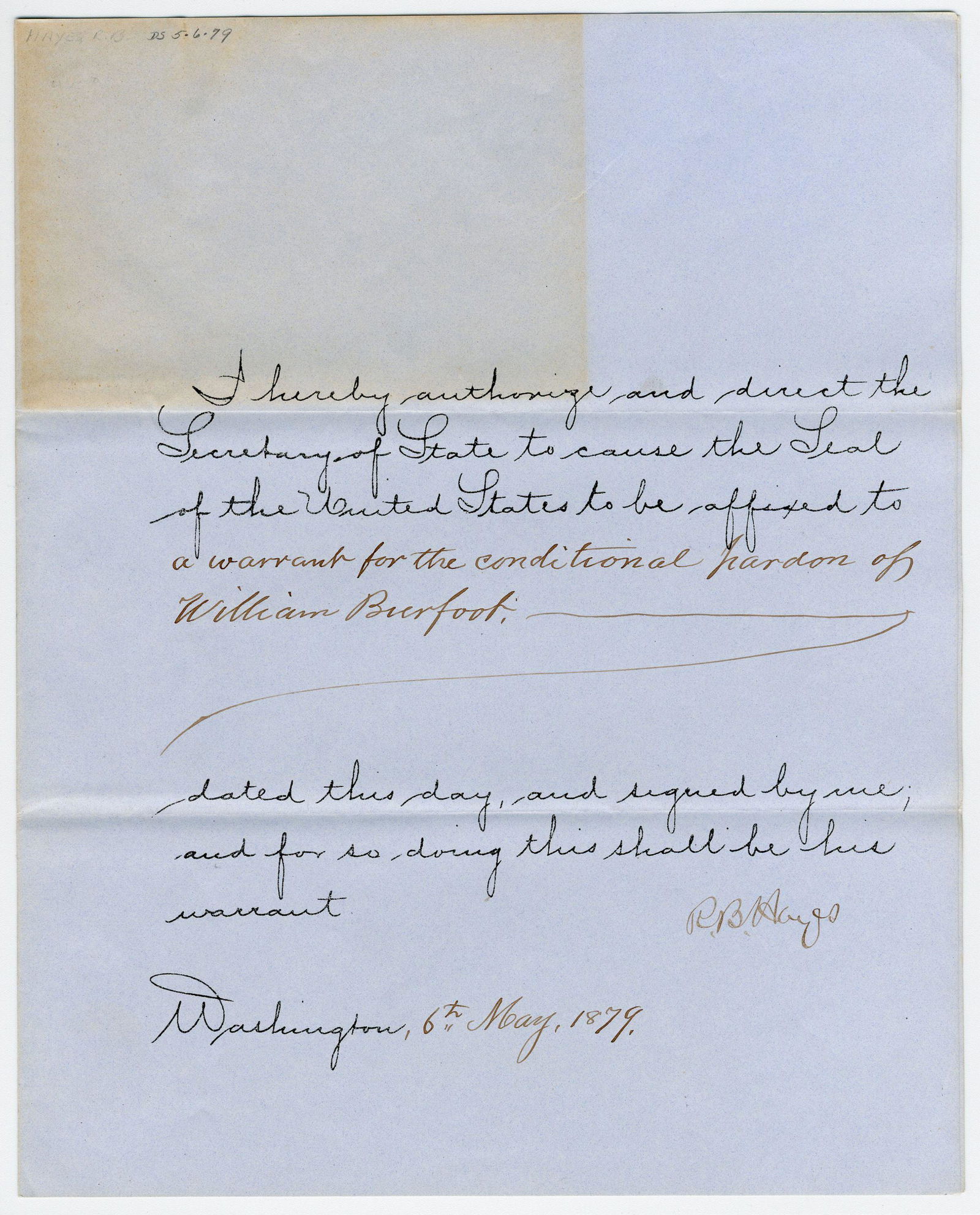 Rutherford B. Hayes Signed Conditional Pardon (1 of 6)