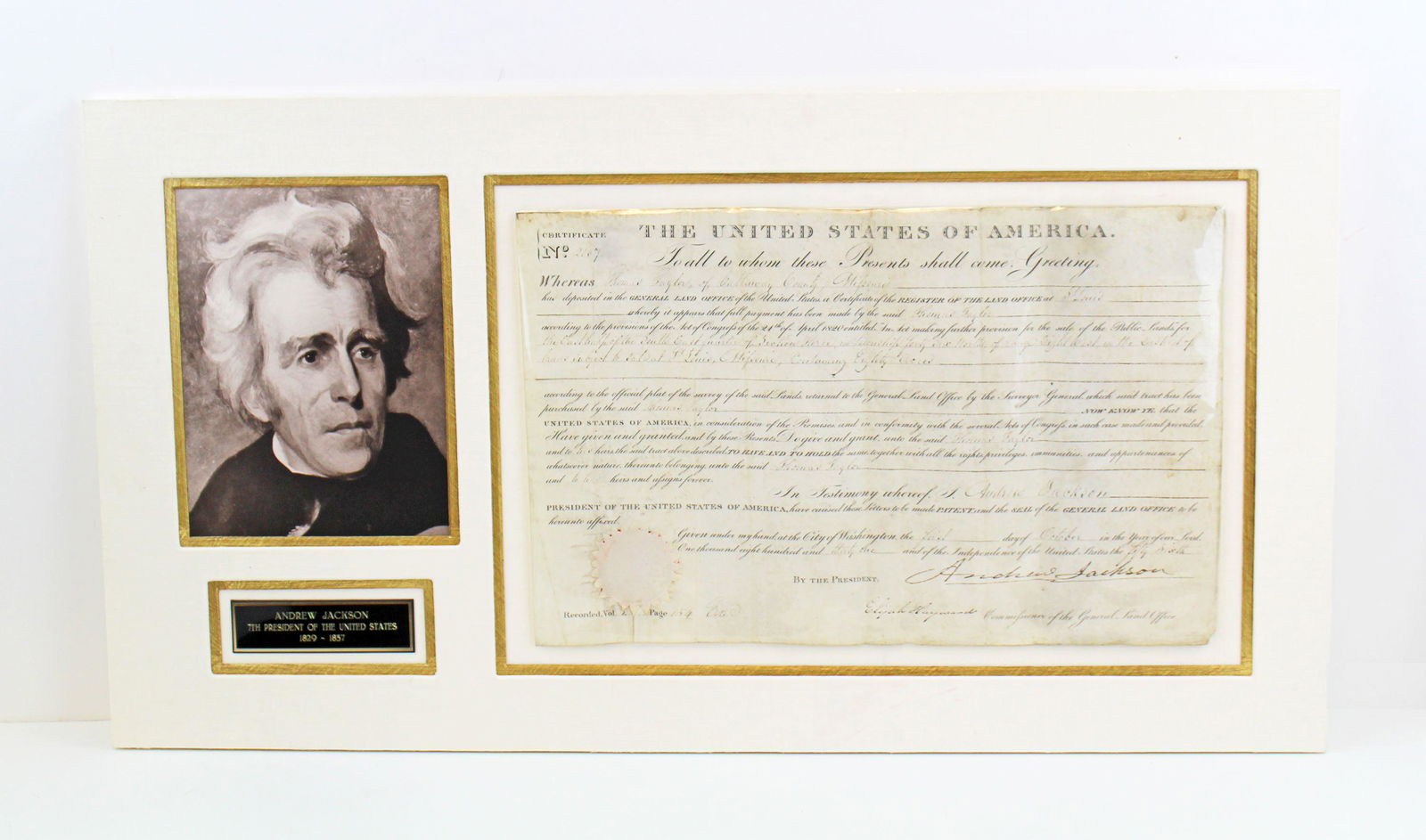 Andrew Jackson Signed Land Grant, Beautifully Displayed (1 of 2)