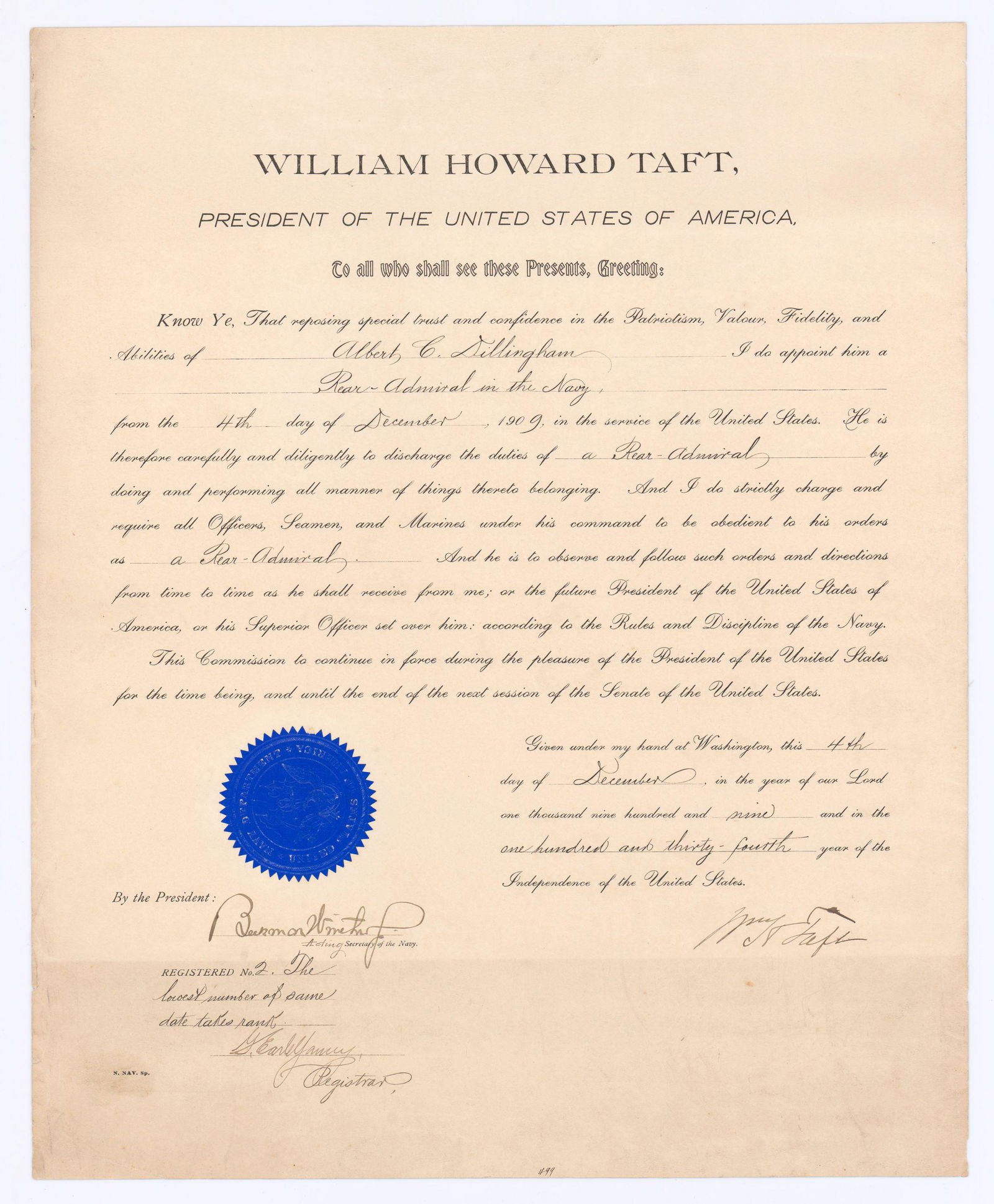 William H. Taft Signed Naval Appointment for Rear (1 of 3)