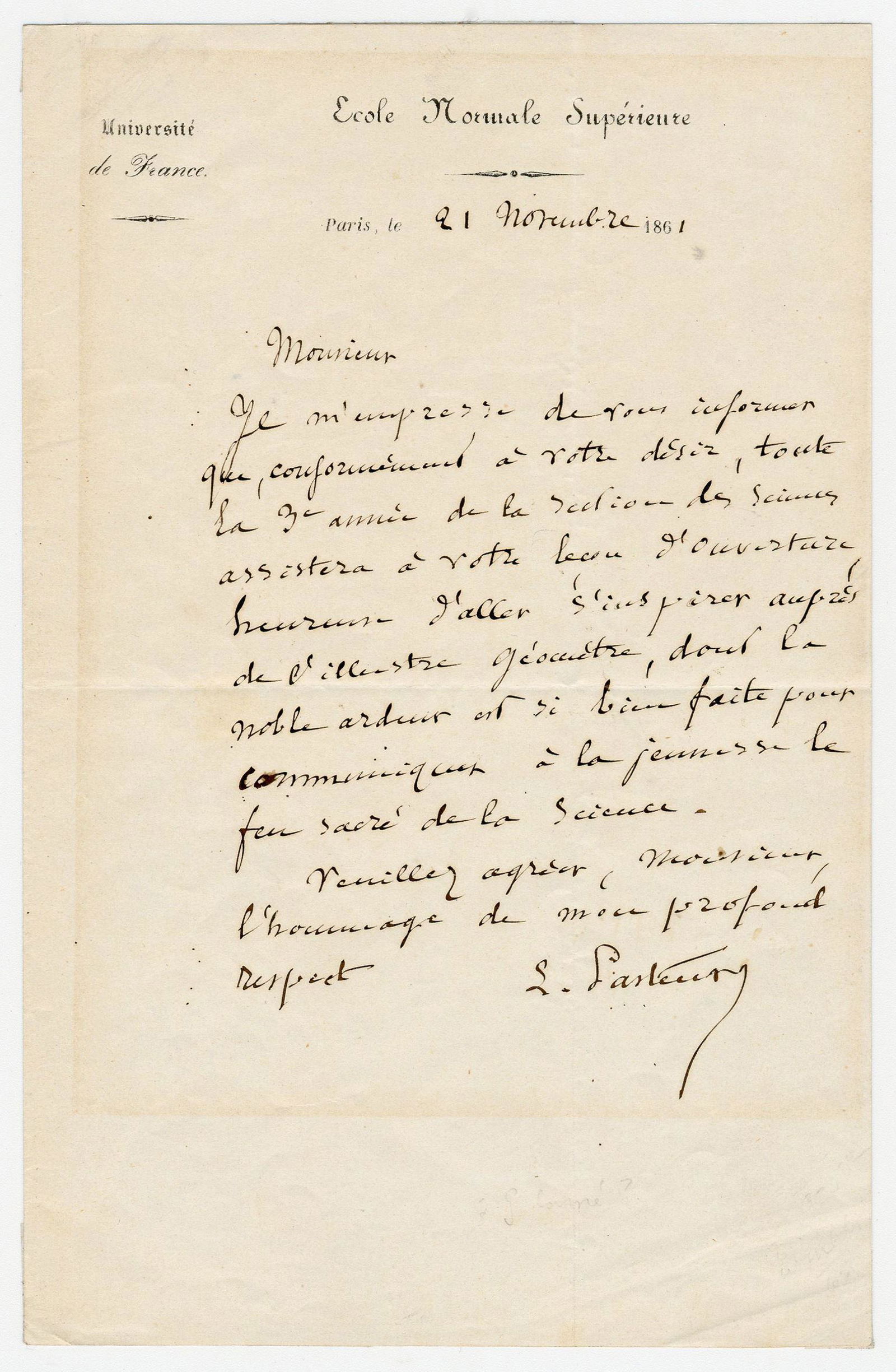 Louis Pasteur ALS Re: "the sacred fire of Science" - (1 of 3)