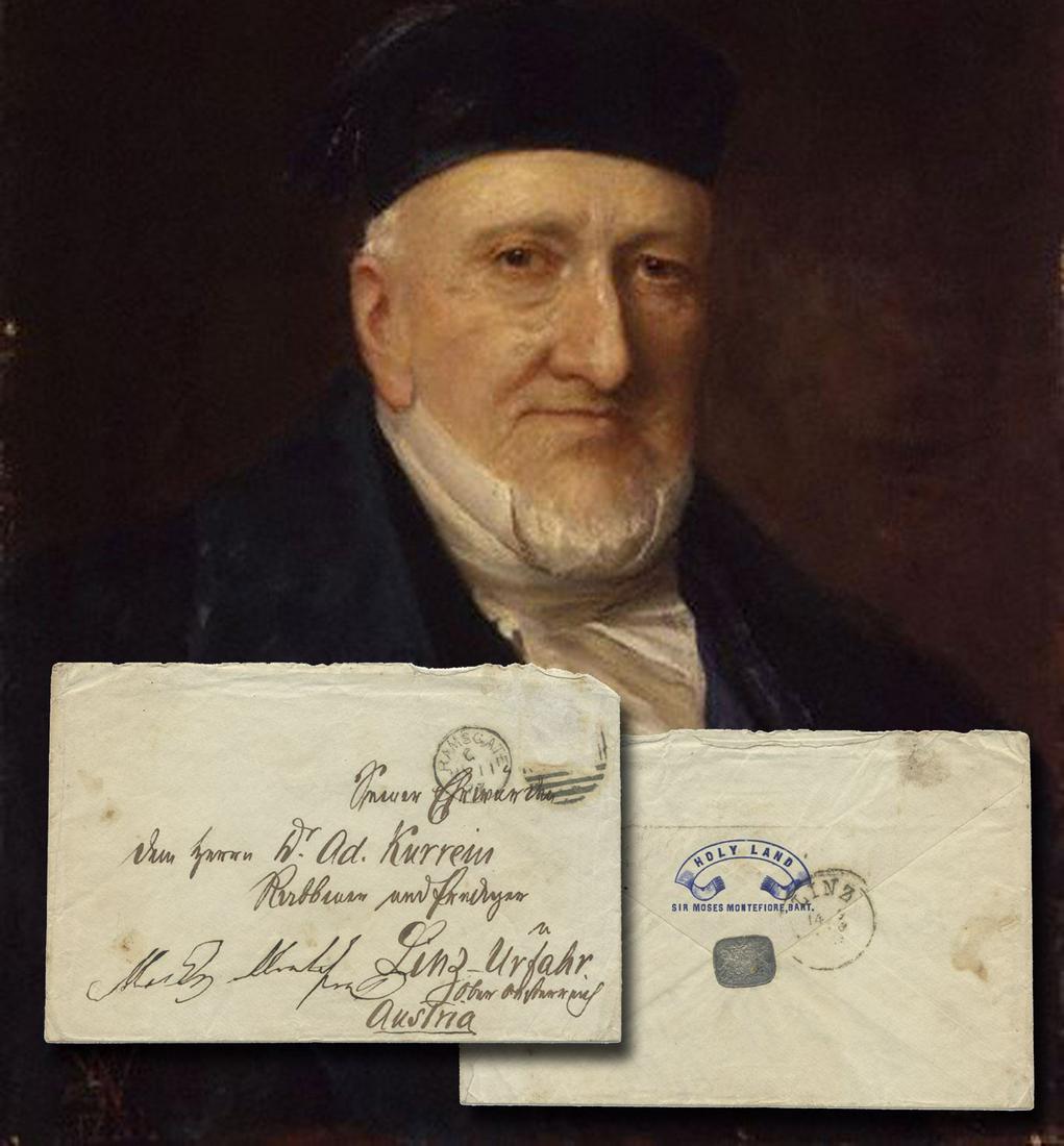 Sir Moses Montefiore Signed Envelope Addressed to Rabbi: Sir Moses Montefiore Signed Envelope Addressed to Rabbi Adolf Kurrein in Linz, Austria Envelope Signed “Moses Montefiore,” 5.75” x 3.75”. Postage stamp removed, postmarked Rams