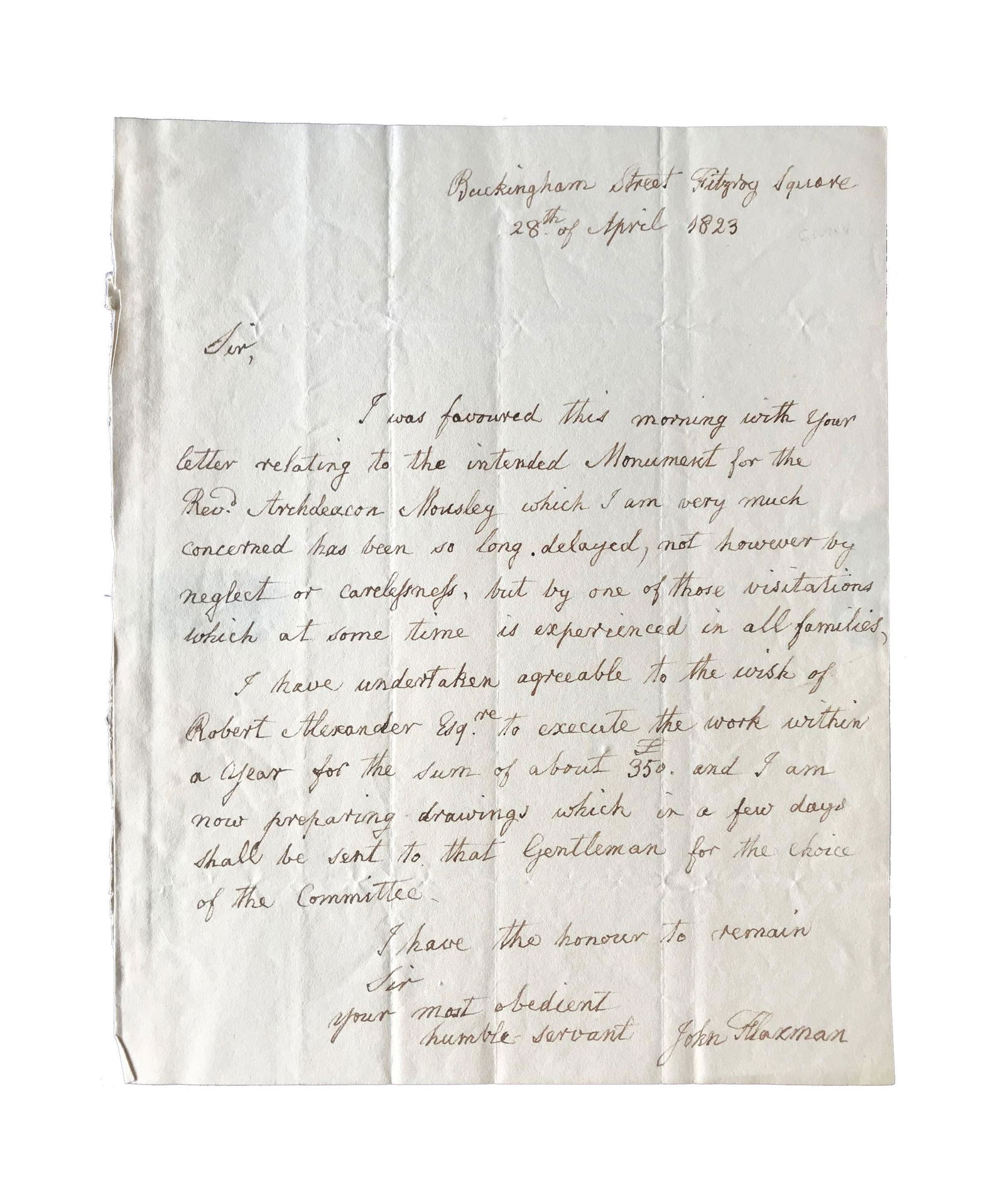 John Flaxman, English Sculptor and Friend of William: John Flaxman, English Sculptor and Friend of William Blake, Rare ALS FLAXMAN, JOHN. Autograph Letter Signed, “John Flaxman”, 1p, 4to, London, April 28, 1823. To British landowner Robert Lo