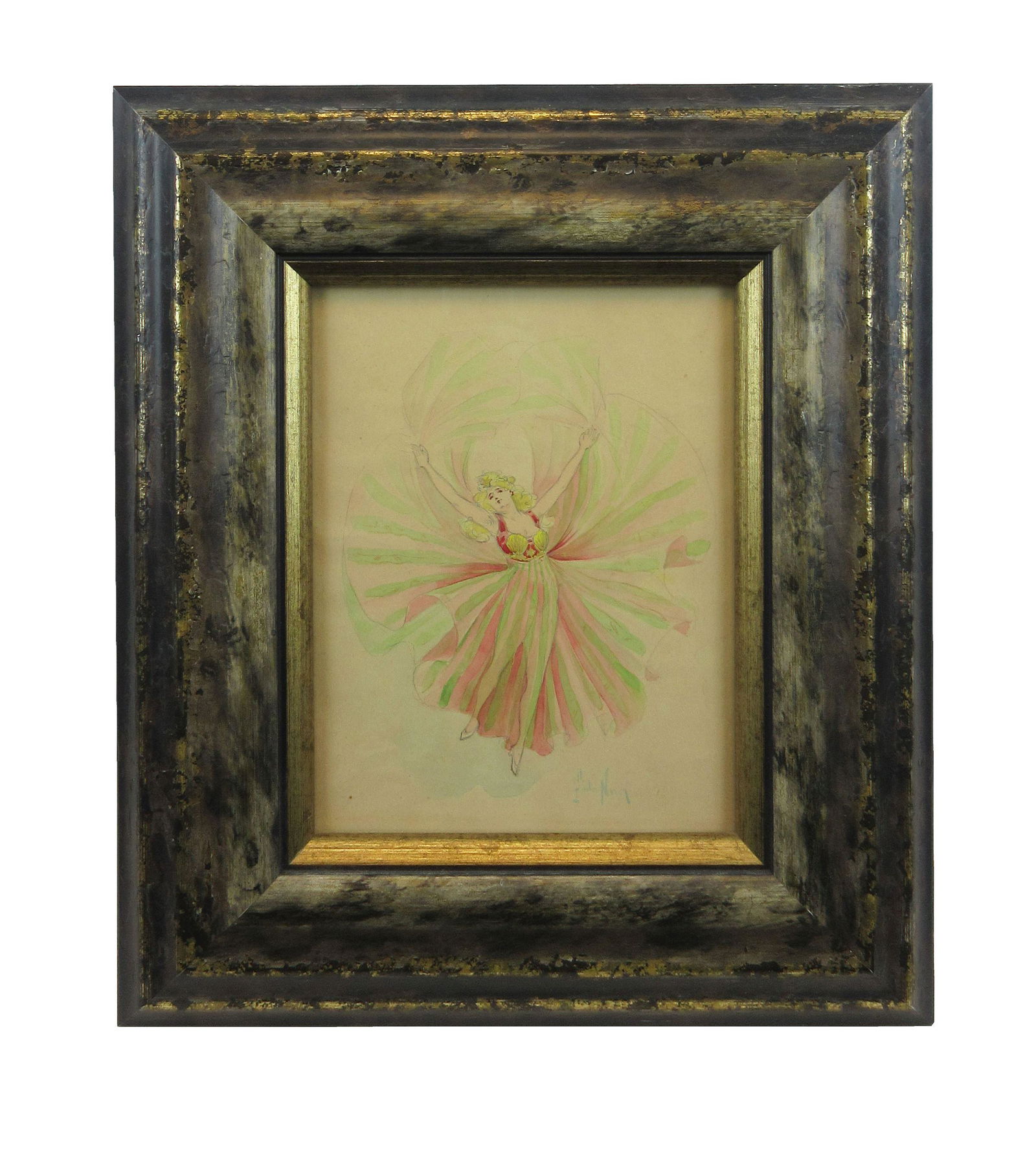 Original Gaston Noury Watercolor Drawing Depicting: Original Gaston Noury Watercolor Drawing Depicting Modern Dancer Loïe Fuller's Butterfly Dance An original gouache and crayon drawing with metallic gold highlights depicting the American modern d