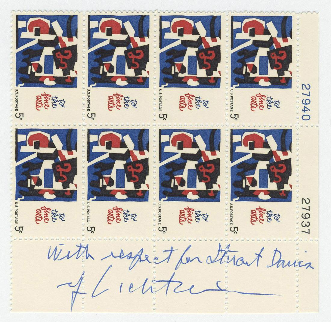 Roy Lichtenstein Signed Tribute to Modern Artist Stuart: Roy Lichtenstein Signed Tribute to Modern Artist Stuart Davis A commemorative stamp block signed and inscribed by pop artist Roy Lichtenstein (1923-1997) as "With respect for Stuart Davis / rf Lichten
