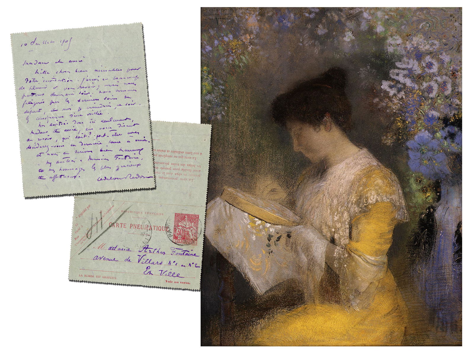 Odilon Redon ALS to the Female Friend Who Posed for His: Odilon Redon ALS to the Female Friend Who Posed for His Famous Pastel A 1p pneumatic telegram in French inscribed overall and signed by French Symbolist artist Bertrand Redon (more commonly known as O