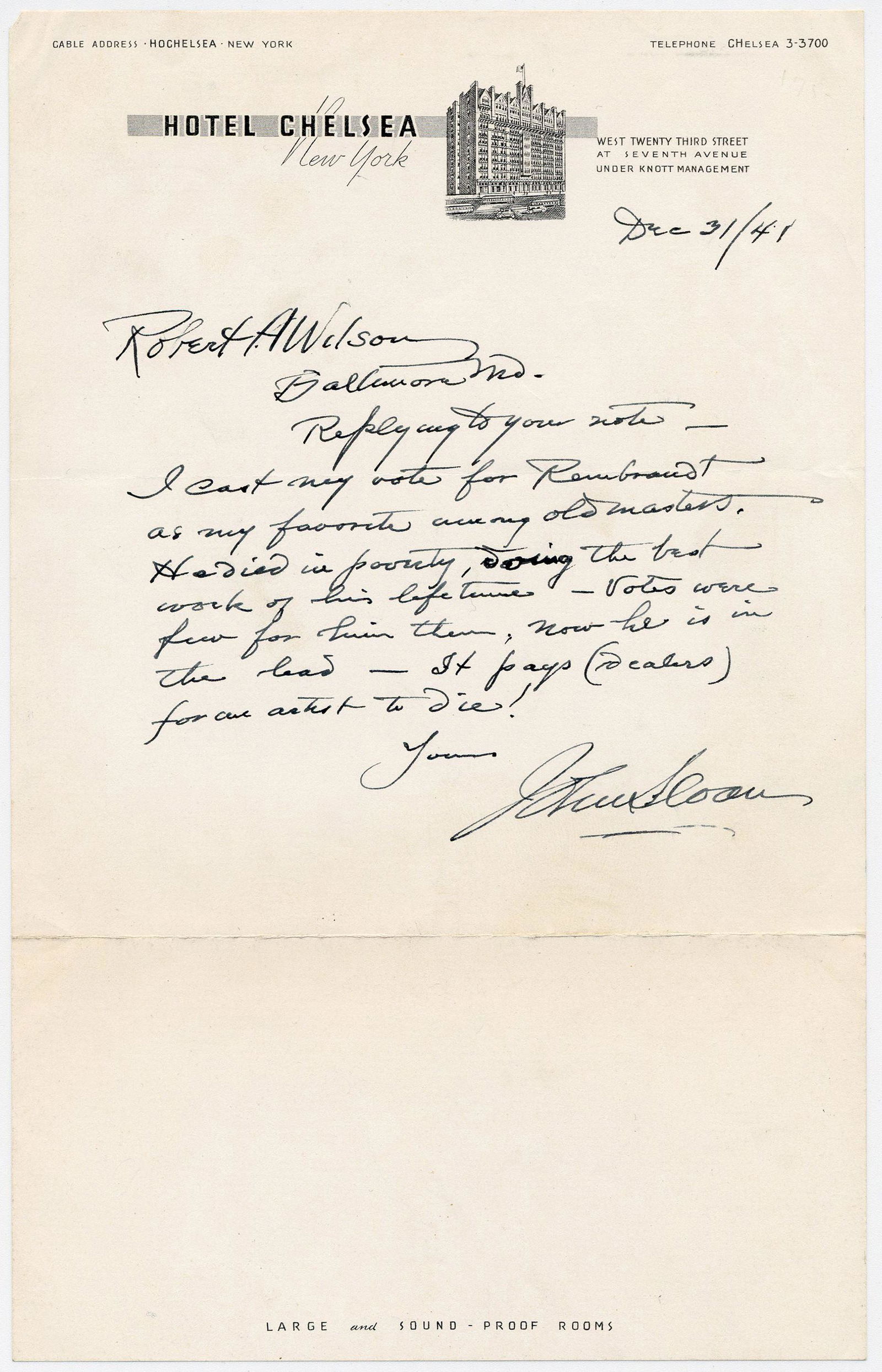 John Sloan ALS Re: Favorite Old Master Artist (1 of 2)