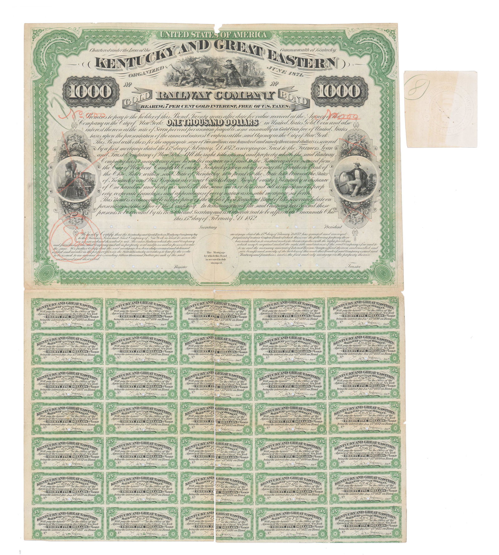 $1000 Kentucky and Great Eastern Railway Company 1872: $1000 Kentucky and Great Eastern Railway Company 1872 Bond 1p, measuring 15" x 21", Cincinnati, Ohio, dated February 15, 1872. A $1000 bond, No. 000, with forty total $35.00 tickets retained. Unsigned