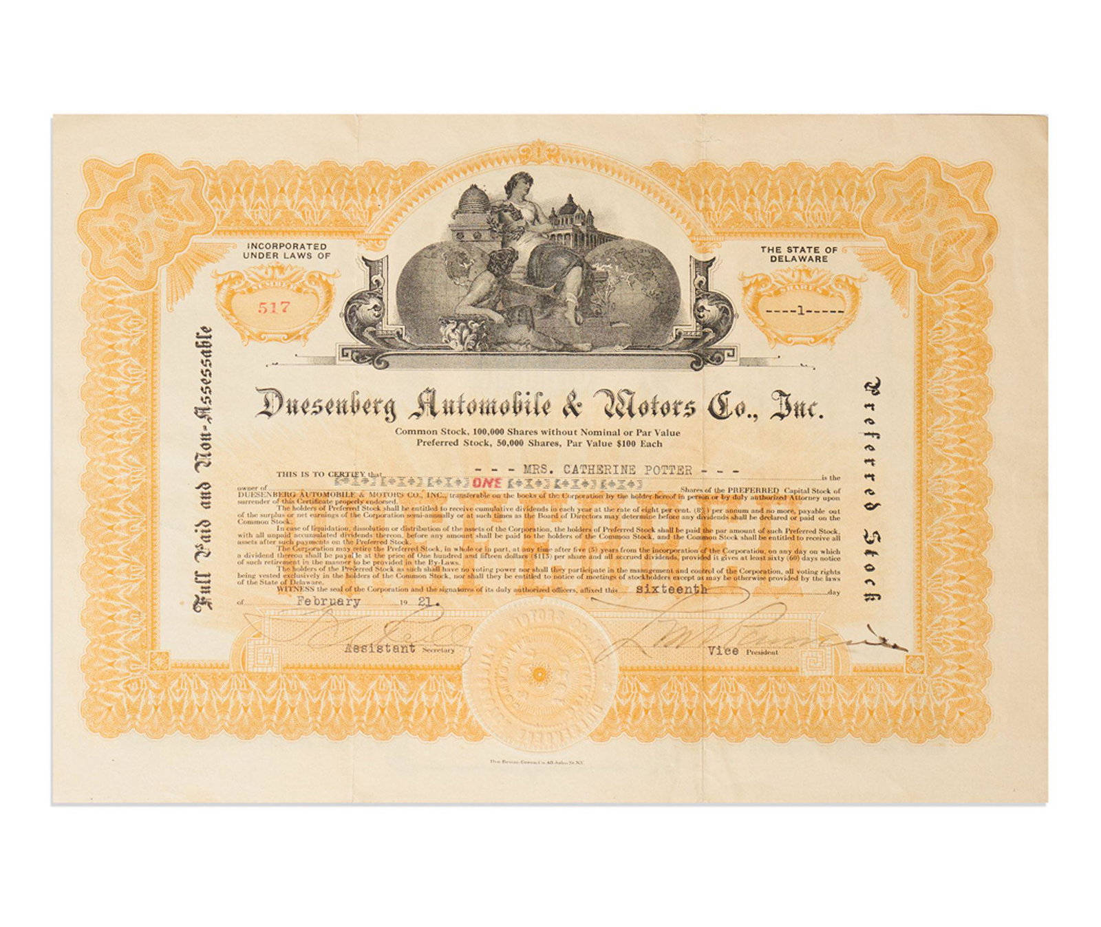 Duesenberg Auto 1921 Stock Certificate: Duesenberg Auto 1921 Stock Certificate Stock Certificate No. 517 from the luxury car company, Duesenberg Automobile & Motors Co., Inc., featuring a lovely vignette showing a man and woman si