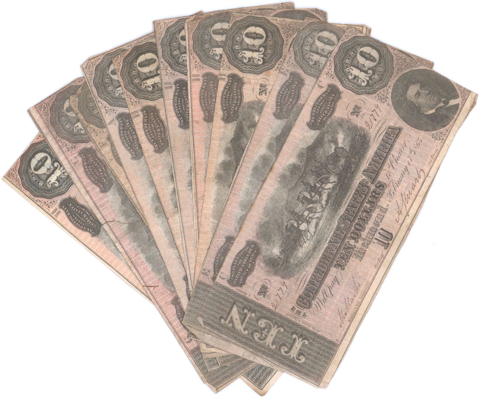 Confederate Currency, 11 Ten Dollar Notes, All (1 of 2)