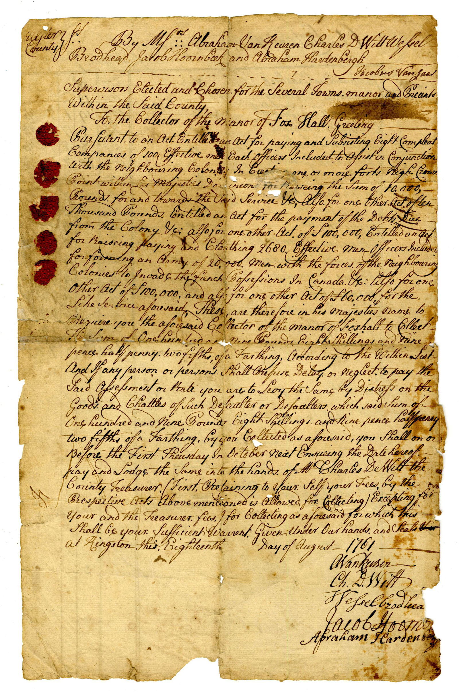 1761 DS on Canadian Invasion "forming an Army of: 1761 Document on Canadian Invasion "forming an Army of 20,000...to Invade French Possessions in Canada", Highly Important 2pp, measuring 8.25" x 13", Ulster County, dated August 18, 1761. A military d