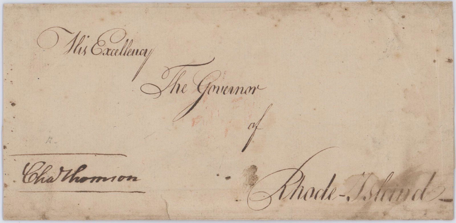 Charles Thomson Signed Free Frank, PSA/DNA Graded NM -: Charles Thomson Signed Free Frank, PSA/DNA Graded NM-MT 8 An envelope measuring 3.5" x 7.25", unstamped. Signed "Chas Thomson". Addressed to His Excellency, The Governor of Rhode Island. Authenticated