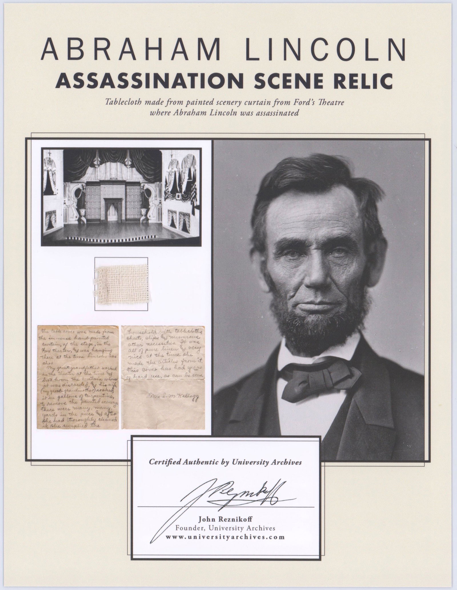 Abraham Lincoln Custom Display Featuring Ford's Theatre: Abraham Lincoln Custom Display Featuring Ford's Theatre Linen Swatch A swatch of fabric excised from a linen tablecloth recycled from the painted curtain that hung in Ford's Theatre the night that 16t