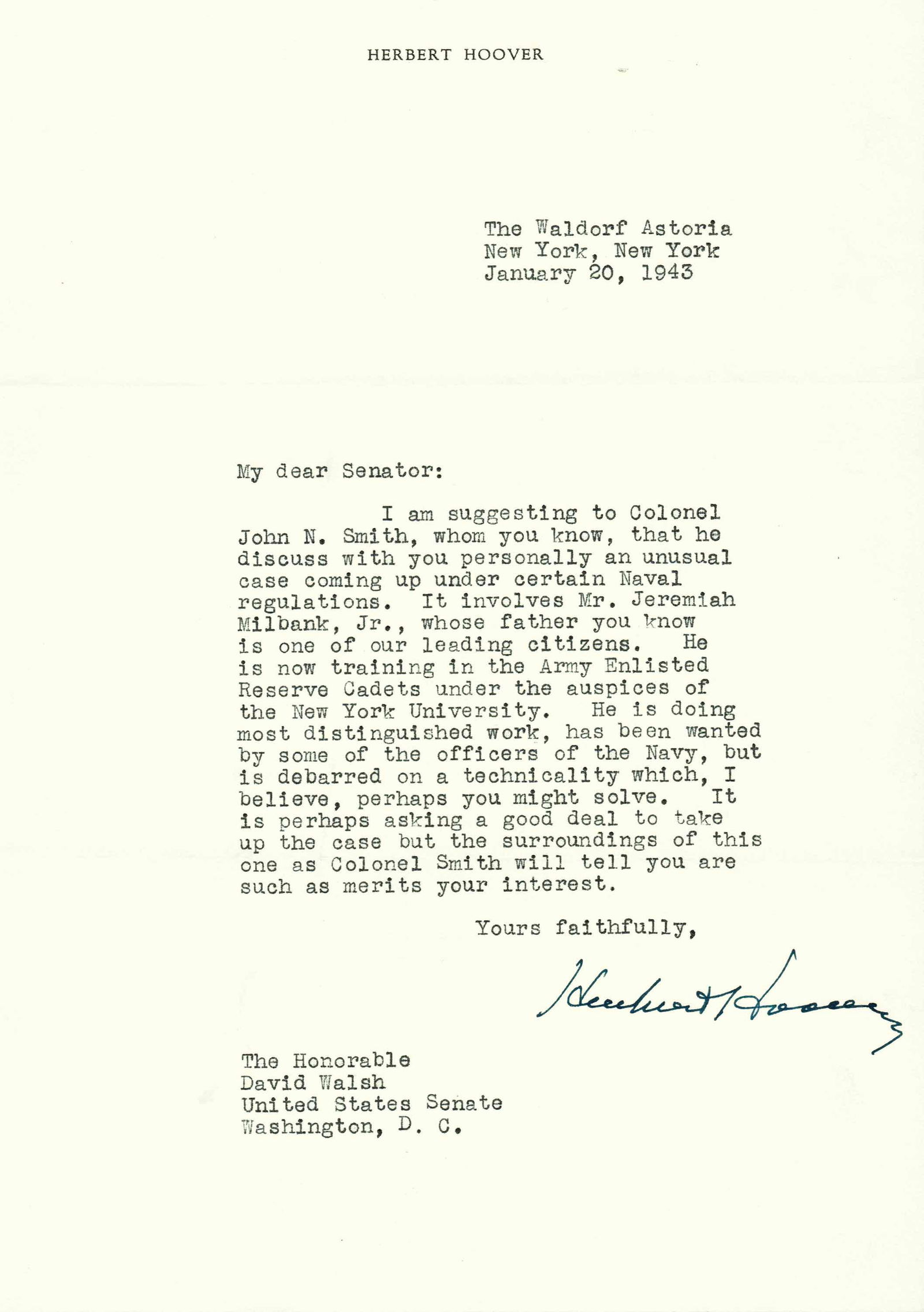 Hoover TLS to Senator David Walsh Requesting a Favor (1 of 2)