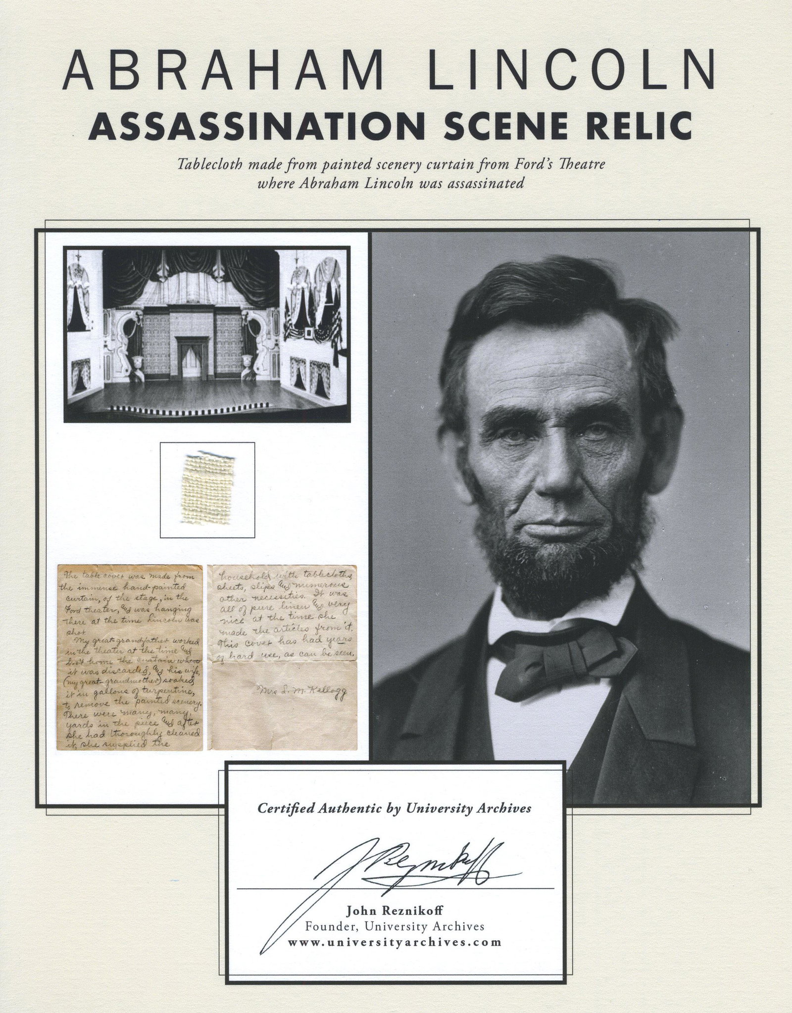 Abraham Lincoln Custom Display Featuring Ford's Theatre Linen Swatch: Abraham Lincoln Custom Display Featuring Ford's Theatre Linen Swatch A swatch of fabric excised from a linen tablecloth recycled from the painted curtain that hung in Ford's Theatre the night that 16t