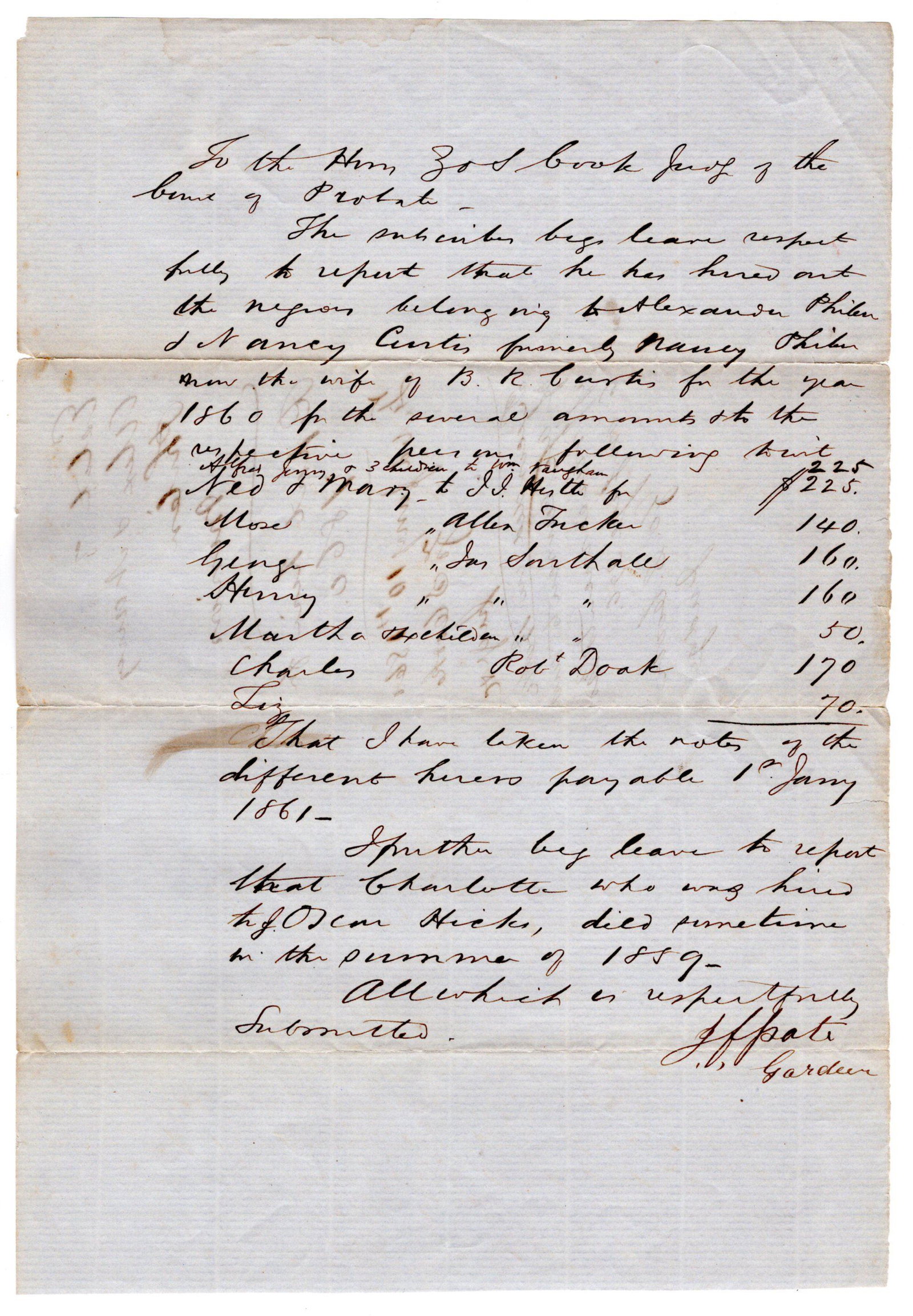 Alabama Guardian Hires Out Seventeen Slaves from an Estate in 1860: Alabama Guardian Hires Out Seventeen Slaves from an Estate in 1860 Guardian John F. Pate made this report to Probate Judge Zoroaster S. Cook in Wilcox County, Alabama, on his arrangements for hiring o