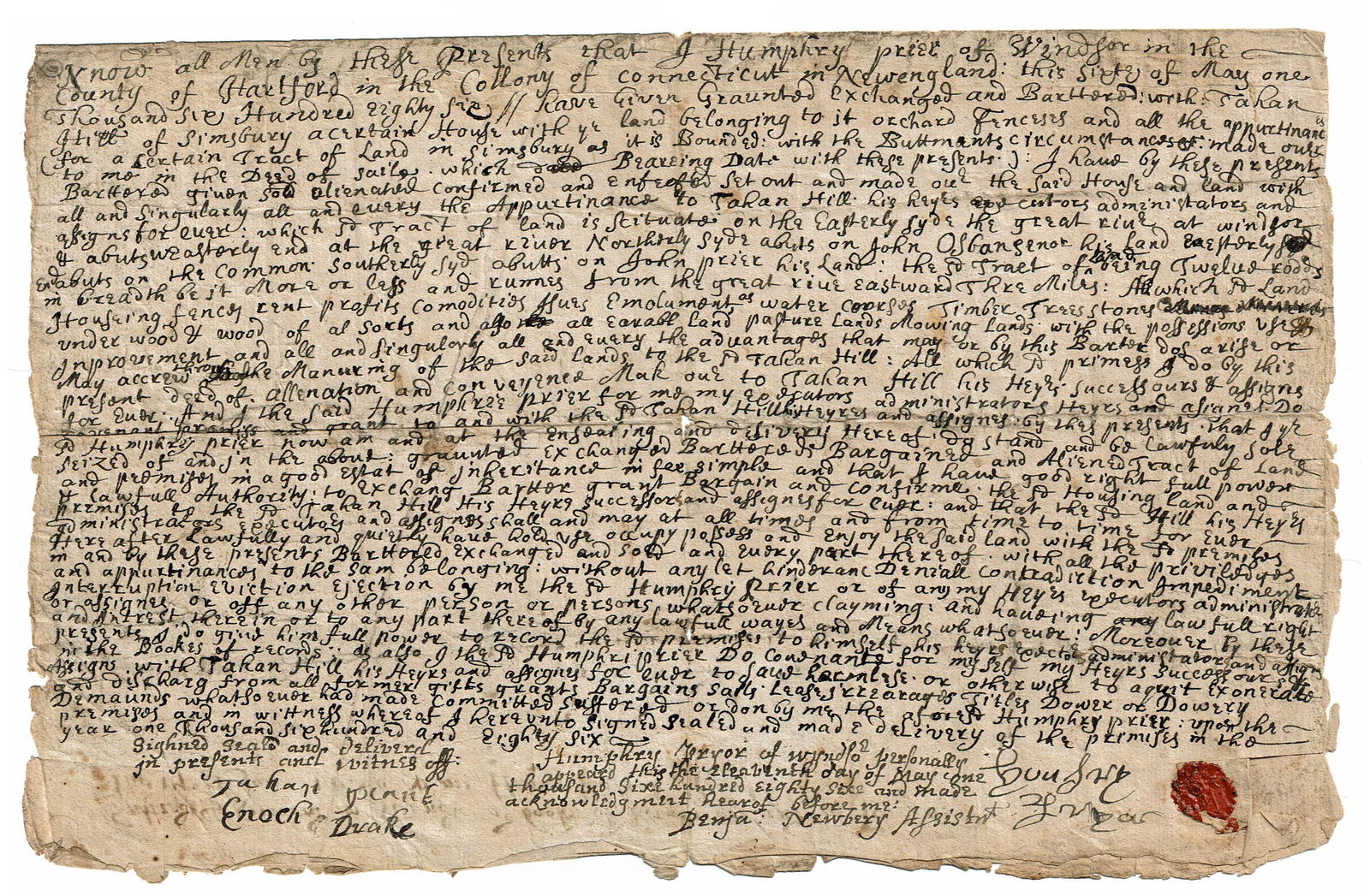 Superb 1686 CT Colony Land Deed (1 of 5)