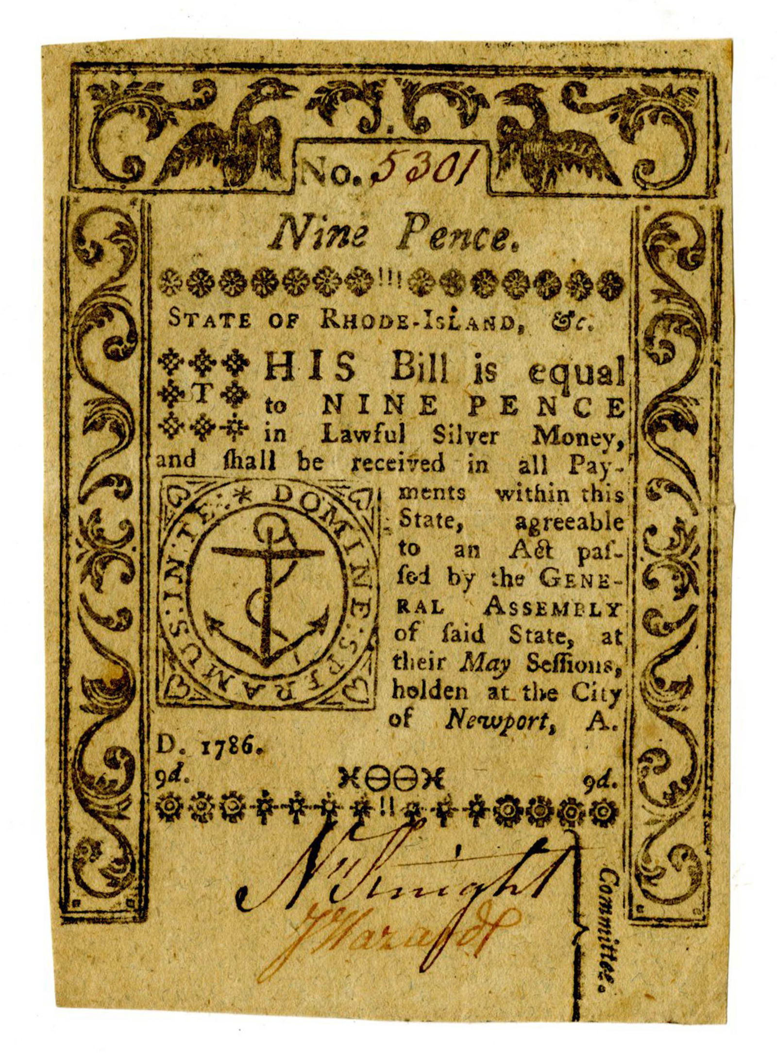 Colonial Rhode Island Nine Pence Note, 1786 (1 of 2)