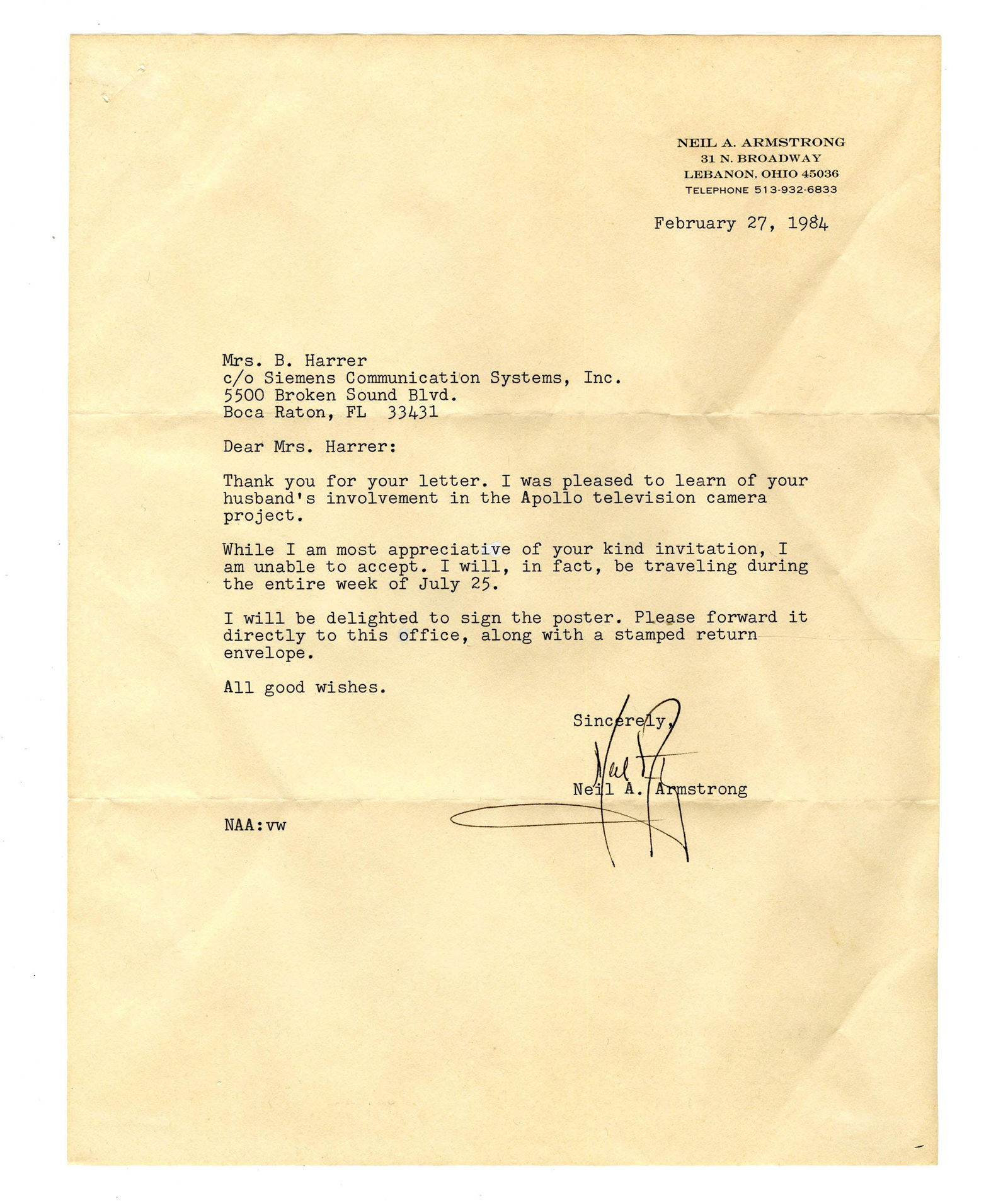 Neil Armstrong TLS Declining an Apollo Television Camera Project Invite (1 of 2)