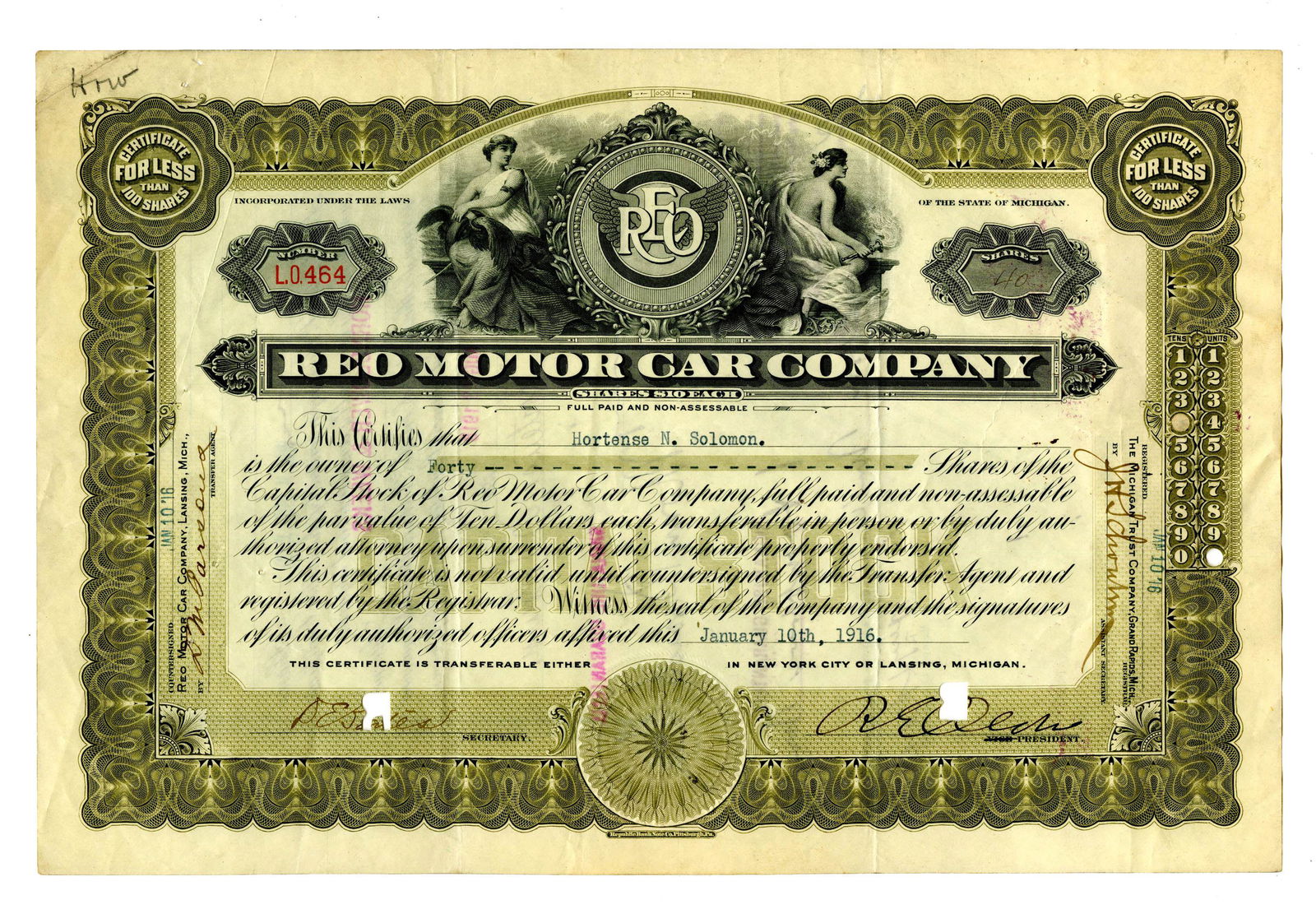 Ransom Olds Extremely Rare Signed Stock Certificate - Only Signed 1 Day! (1 of 3)