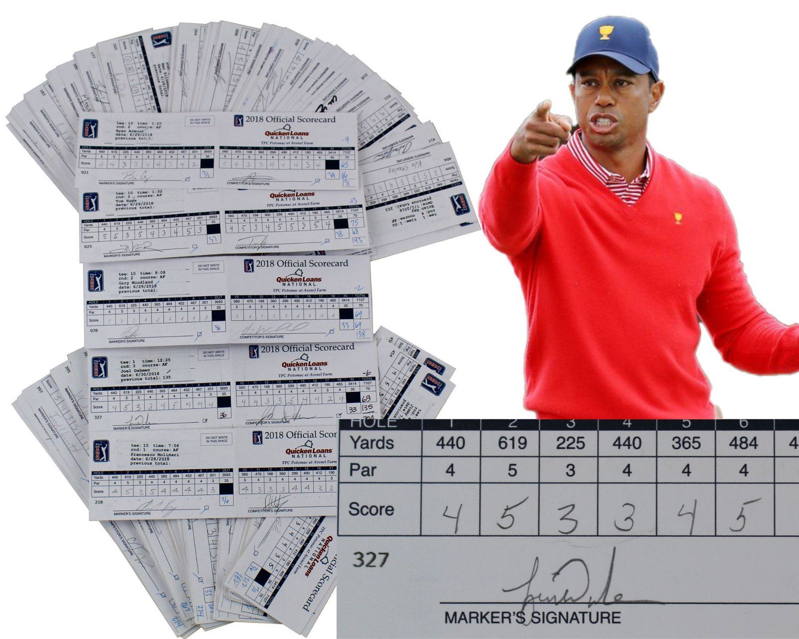 Tiger Woods & 100 Used & Signed Scorecards from the 2018 Quicken Loans National: Tiger Woods & 100 Used & Signed Scorecards from the 2018 Quicken Loans National 100 Scorecards with 200 signatures! 100 pp., 10" x 3”, used in the 2018 Quicken Loans National. Scattered