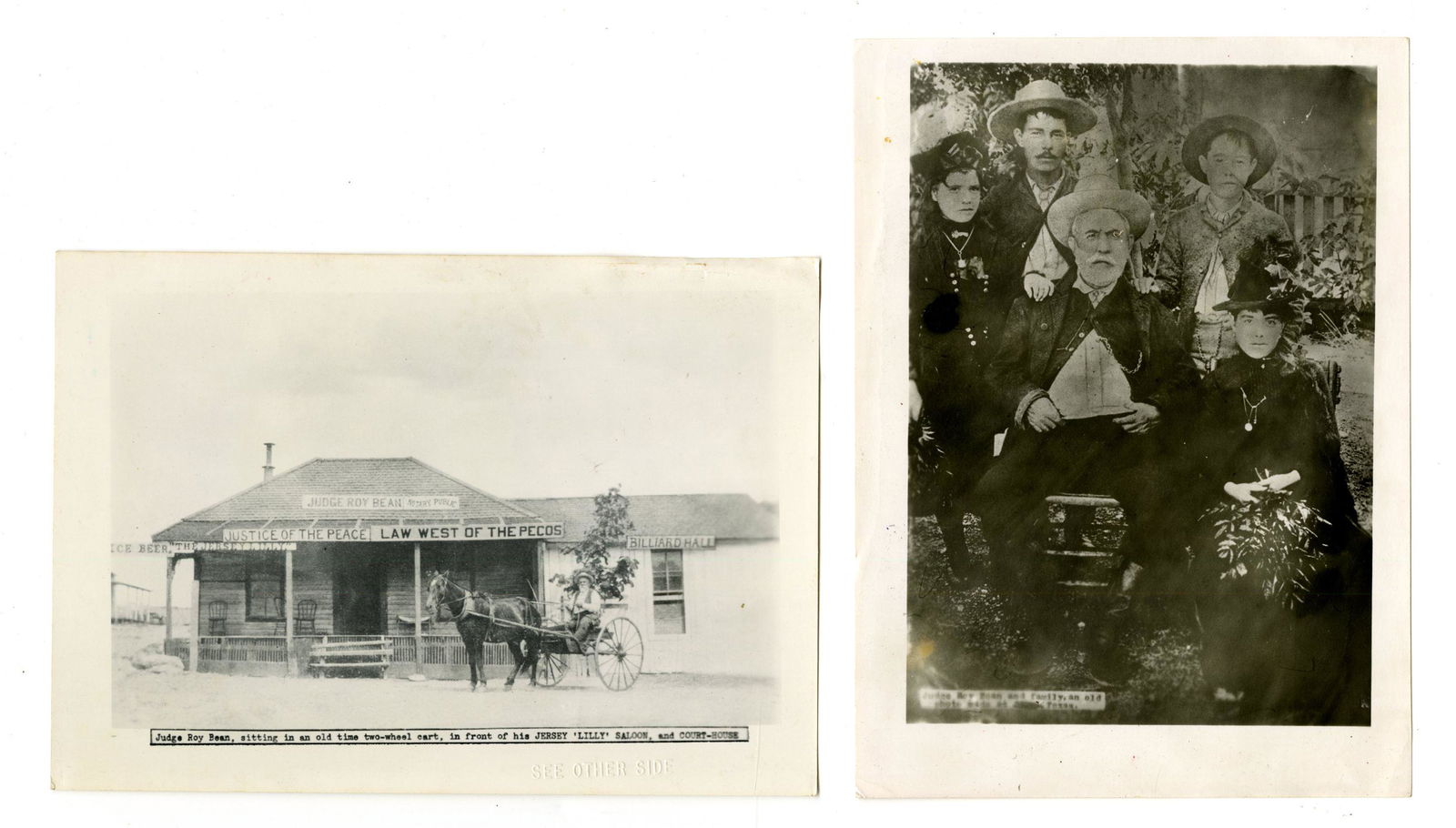 Vintage Photo of Judge Roy Beanâ€™s Historic Saloon that Served as a Courthouse.: Vintage Photo of Judge Roy Beanâ€™s Historic Saloon that Served as a Courthouse. Photo, 5” x 8”, features Judge Roy Bean atop a horse outside his saloon, where a sign reads â€œJus