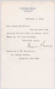 Benjamin Cardozo Thanks NY Judge for his "Words of Praise" TLS: Benjamin Cardozo Thanks NY Judge for his "Words of Praise" TLS Single Page TLS by Supreme Court Justice Benjamin Cardozo, Supreme Court, Chambers Street, New York, February 6, 1914. Signed &#8220;Benj