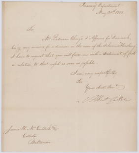 Superb Gallatin LS RE: "Case of the Schooner 'Flensburg'": Superb Gallatin LS RE: "Case of the Schooner 'Flensburg'" 1p, 7.75” x 8.5” Single Page LS, Albert Gallatin, Dated May 30, 1808 and written to James H. McCulloch of Baltimore. Signed in