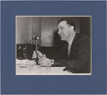 Fantastic Joseph McCarthy Signed Photo, "Uncle Joe".: Fantastic Joseph McCarthy Signed Photo, "Uncle Joe". A striking matte, 13.5" x 12", perfectly displaying a unique photo of Senator Joseph McCarthy taken during a broadcast likely during public