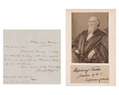 J. Story ALS "President Quincy is Unable to Attend..." & Stephen Field Signed Display. Fantastic: J. Story ALS "President Quincy is Unable to Attend..." &amp; S. Field Signed Display. Fantastic Supreme Court Collection. 1p, 4.75&#8221; x 4.5&#8221; Single Page ALS, dated June 5, and written to Sam