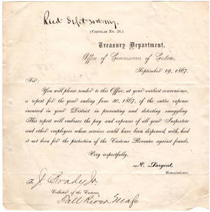 Treasury Department Battles Smuggling to Avoid Customs Duties: Treasury Department Battles Smuggling to Avoid Customs Duties This circular letter from Commissioner of Customs Nathan Sargent seeks information on the expenses of each district in detecting and preve