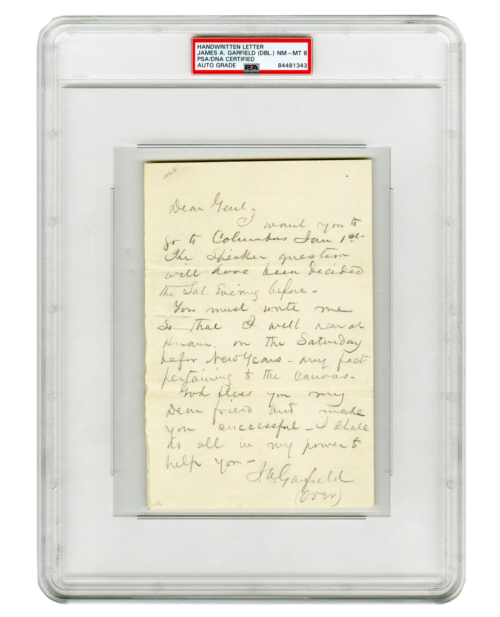 James Garfield 2x Signed ALS PSA NM-MT 8. "The Speaker Question Will Have Been Decided The Sat. (1 of 4)