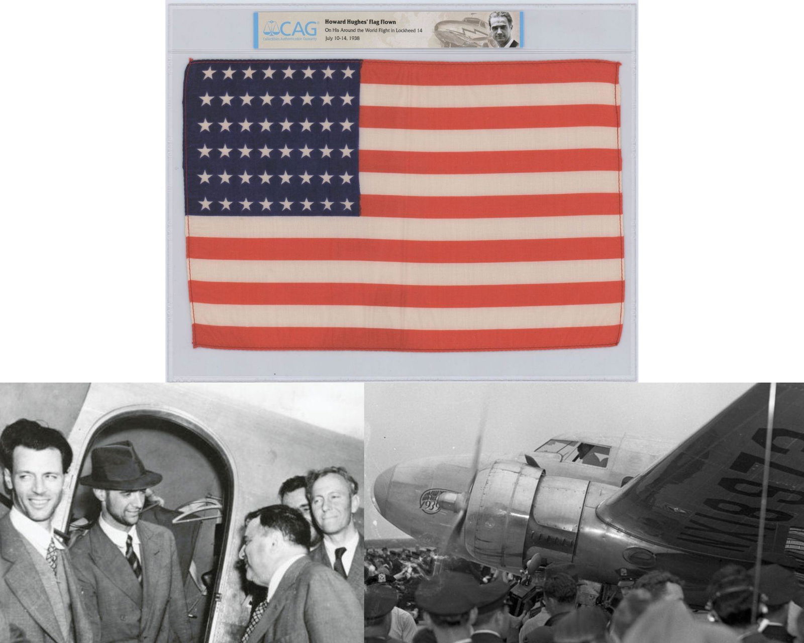 Howard Hughes Flag Flown on Around the World Flight. Encapsulated by CAG (1 of 4)