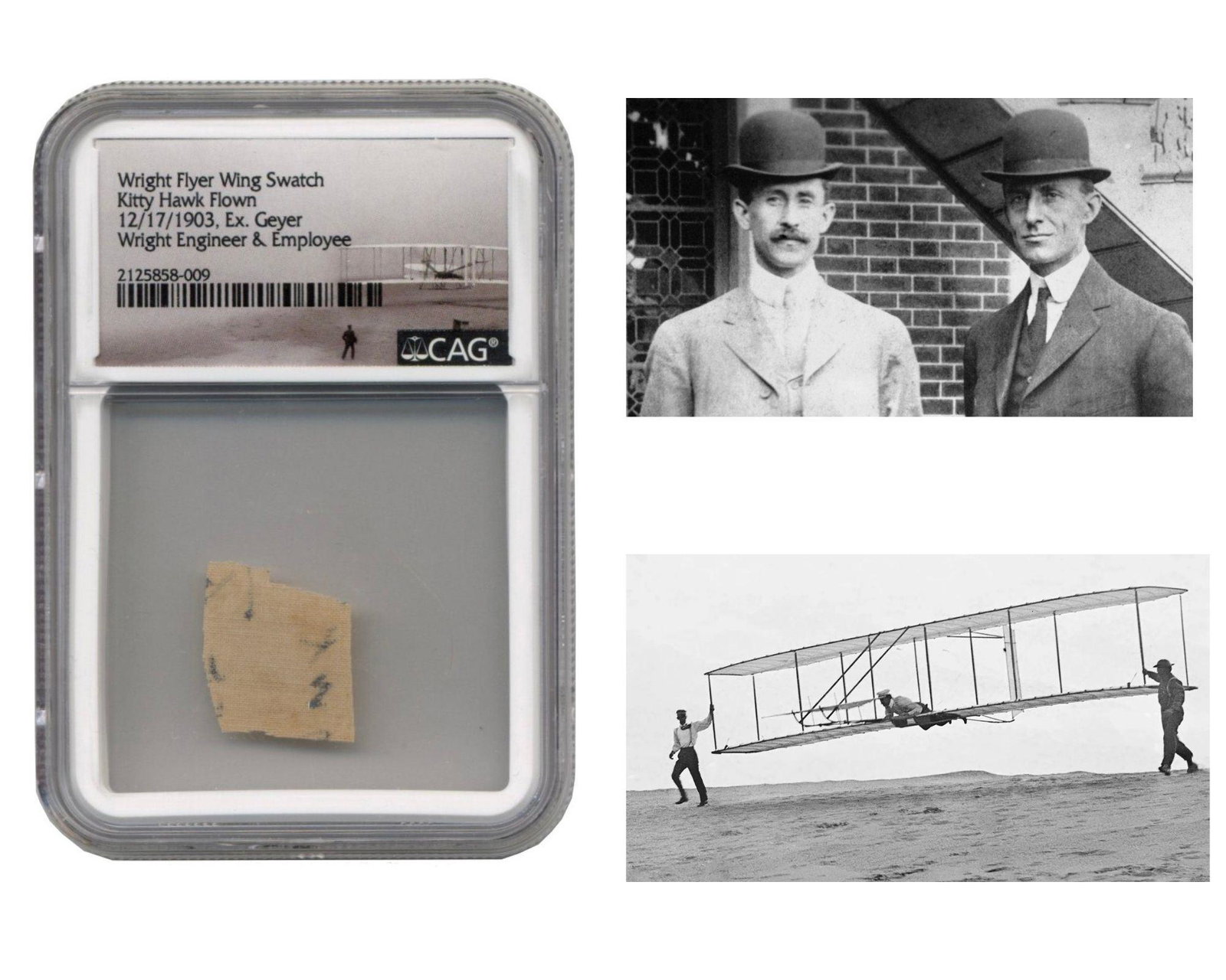 Wright Flyer Kitty Hawk Flown Fabric Swatch CAG Encapsulated: Wright Flyer Kitty Hawk Flown Fabric Swatch CAG Encapsulated Fabric swatch, .625" x .75". Taken from the Wright Flyer, the first airplane which made its debut flight at Kitty Hawk on December 17, 1903