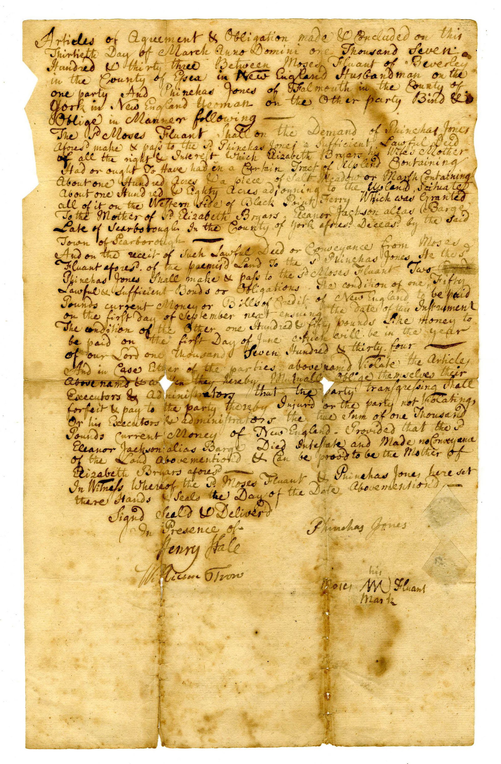 Early 1733 Colonial Massachusetts Articles of Agreement and Obligation (1 of 3)