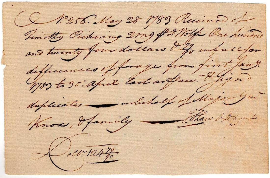 Timothy Pickering Writes and Signs Receipt to Himself on Behalf of Major General Henry Knox Rev War (1 of 1)