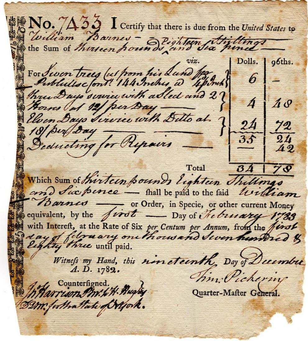 Timothy Pickering Gives Pay Certificate for Trees and Sled Service 1782 (1 of 1)
