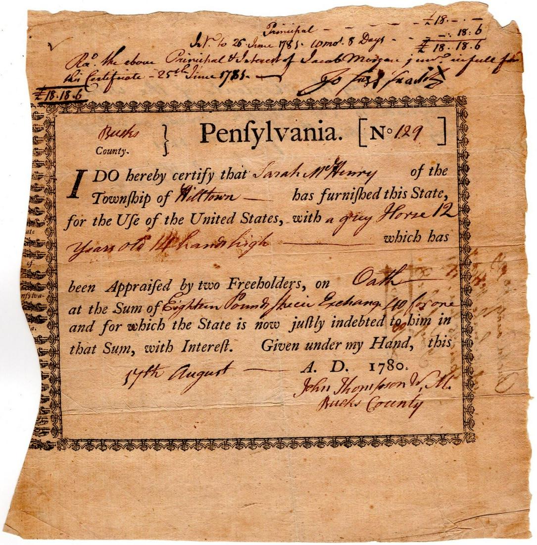 Pennsylvania Receipt To Woman for Horse Acquired for Revolutionary War (1 of 2)